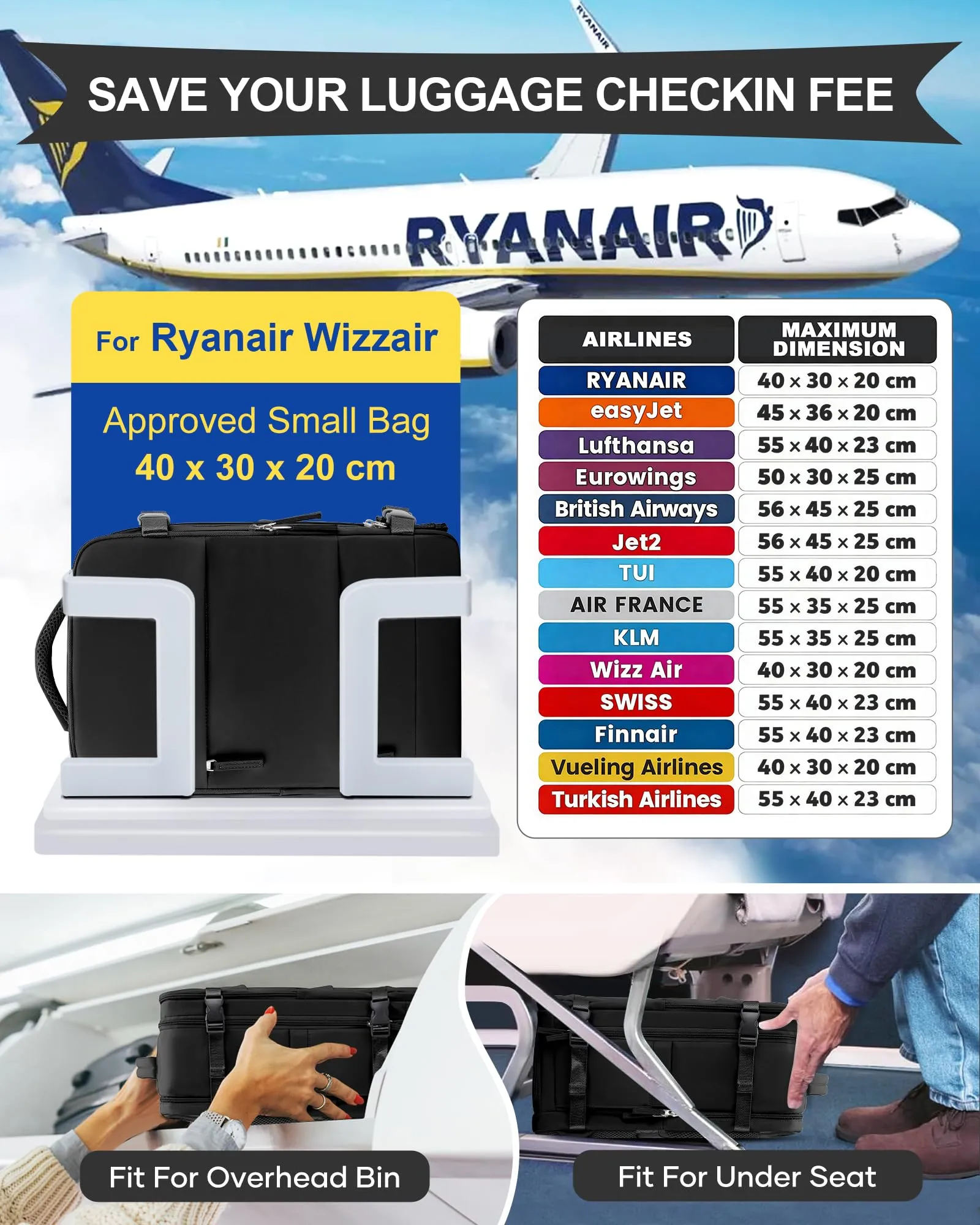 SZLX Zaino da Viaggio 40x20x25 cm per Ryanair e Wizzair, Impermeabile con Scomparto per Scarpe e Laptop 14 Pollici - immagine 4