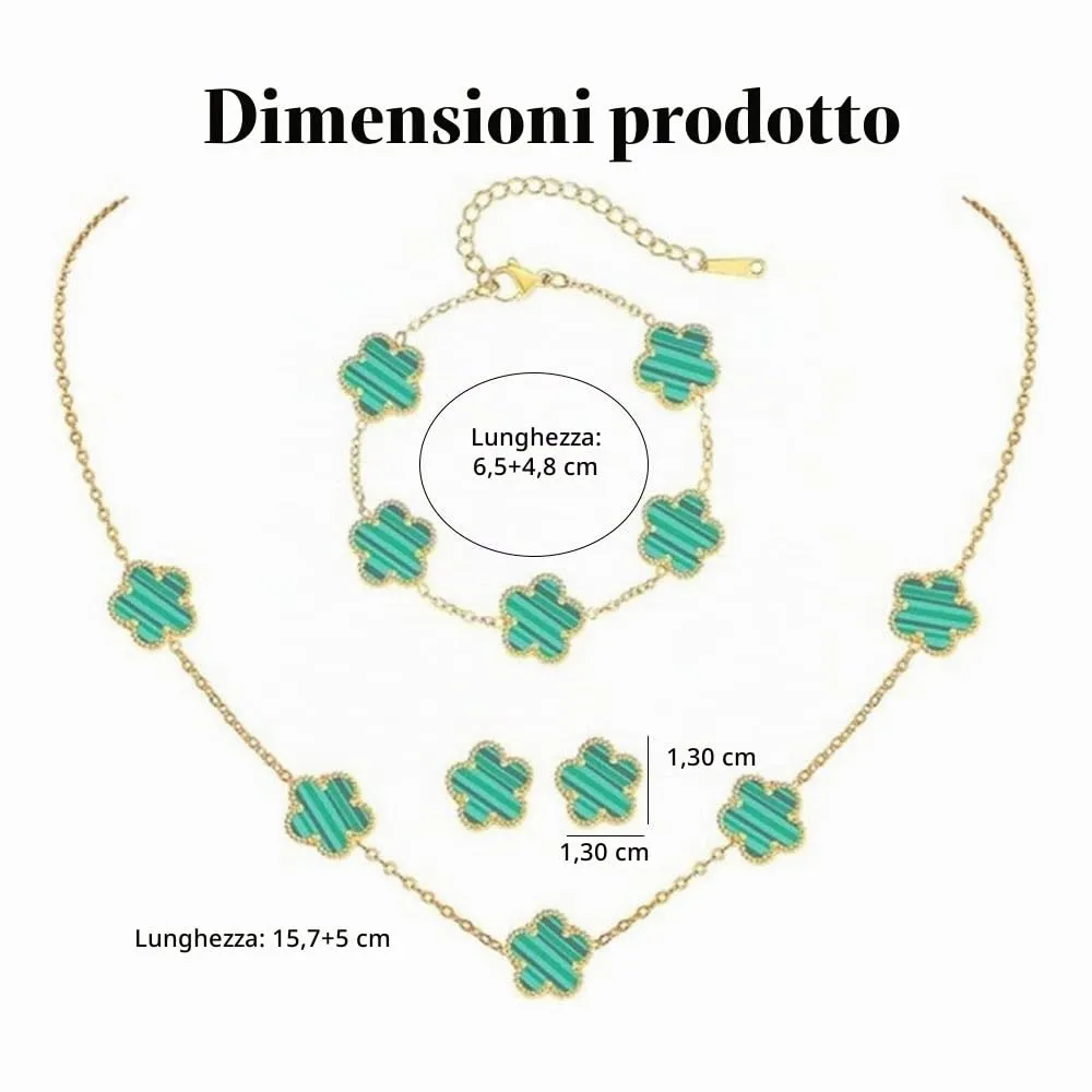 XFSRG Parure Gioielli Quadrifoglio in Acciaio Inossidabile Placcato Oro 18k con Collana, Orecchini e Bracciale per Donna e Ragazze (Verde) - immagine 2