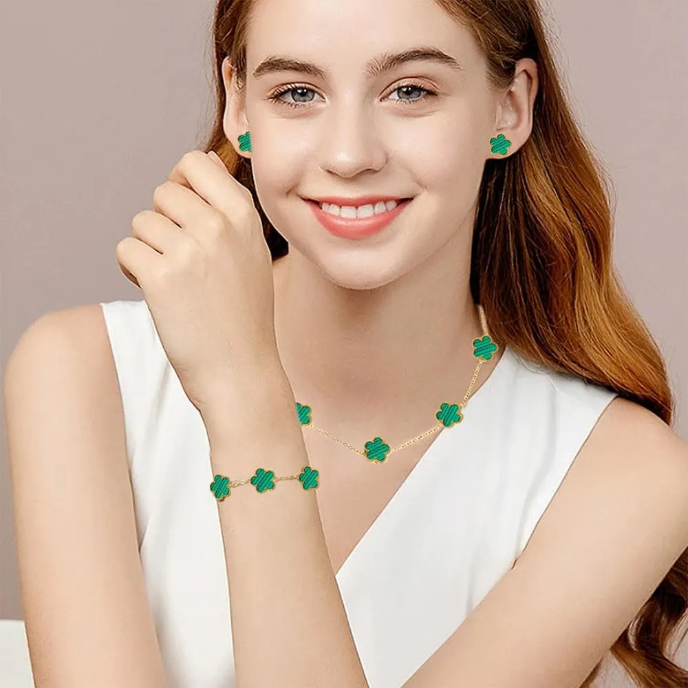 XFSRG Parure Gioielli Quadrifoglio in Acciaio Inossidabile Placcato Oro 18k con Collana, Orecchini e Bracciale per Donna e Ragazze (Verde) - immagine 7