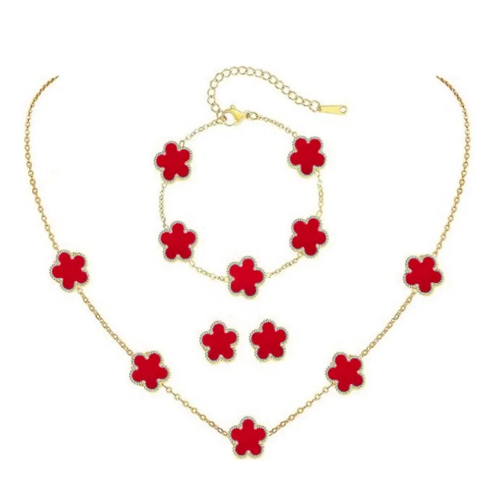 XFSRG Parure Gioielli Quadrifoglio in Acciaio Inossidabile Placcato Oro 18k con Collana, Orecchini e Bracciale - Rosso - immagine 1