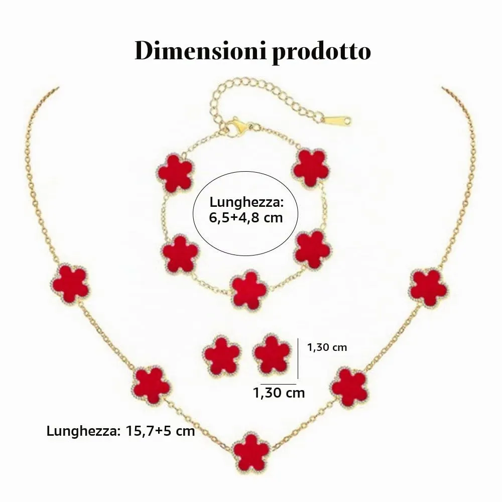 XFSRG Parure Gioielli Quadrifoglio in Acciaio Inossidabile Placcato Oro 18k con Collana, Orecchini e Bracciale - Rosso - immagine 2