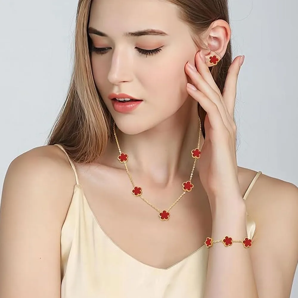 XFSRG Parure Gioielli Quadrifoglio in Acciaio Inossidabile Placcato Oro 18k con Collana, Orecchini e Bracciale - Rosso - immagine 5