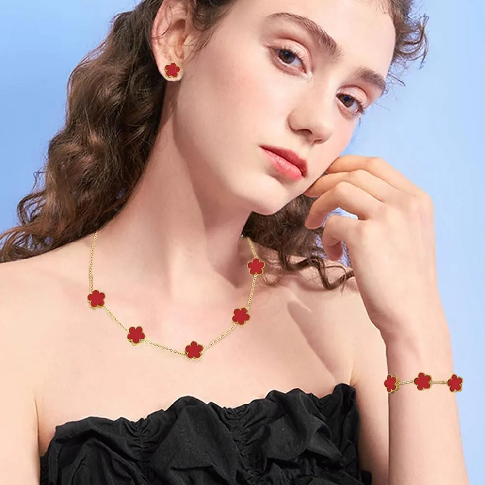 XFSRG Parure Gioielli Quadrifoglio in Acciaio Inossidabile Placcato Oro 18k con Collana, Orecchini e Bracciale - Rosso - immagine 6