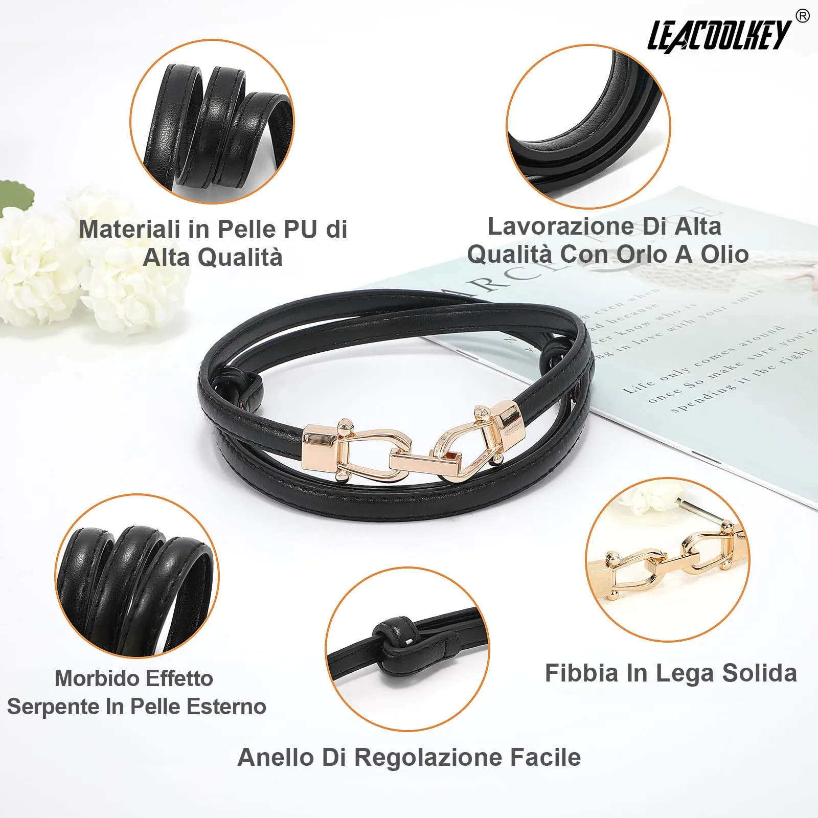 LEACOOLKEY Cintura Sottile in Pelle da Donna con Fibbia Dorata, Marrone, 105cm - immagine 4