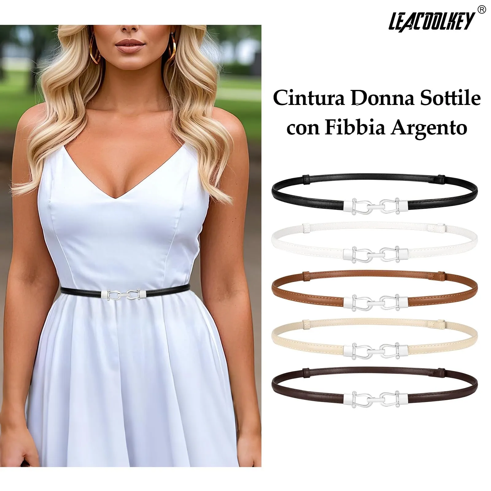 LEACOOLKEY Cintura Sottile in Pelle per Donna, Fibbia Argentata, Nero, 105cm - immagine 2