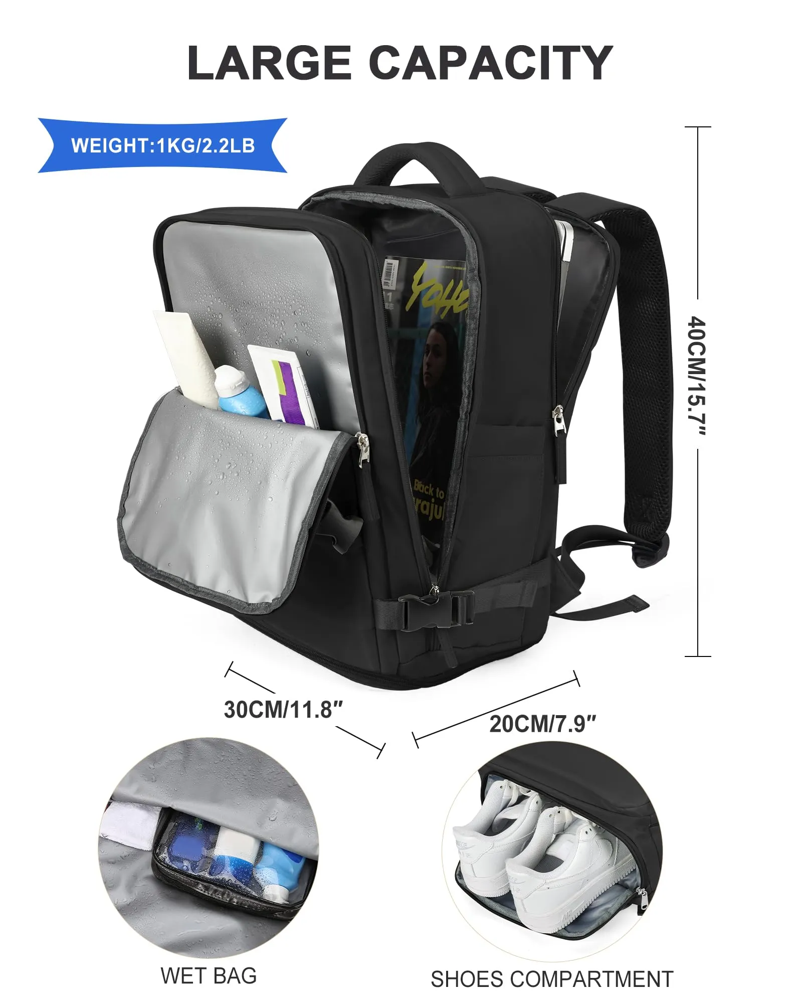 SZLX Zaino da Viaggio 40x30x20 Ryanair Wizzair Impermeabile con Scomparto Scarpe e USB per Laptop 14 Pollici - immagine 6