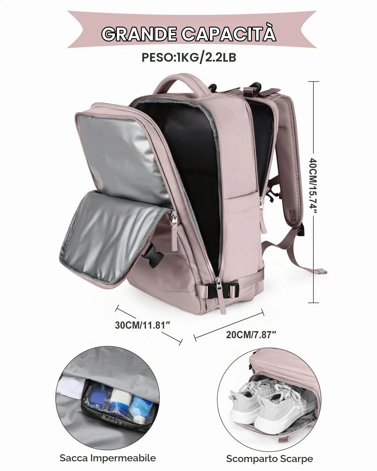 SZLX Zaino da Viaggio 40x30x20 per Ryanair e Wizzair, Impermeabile con Scomparto per Scarpe e Laptop 14 Pollici - immagine 4