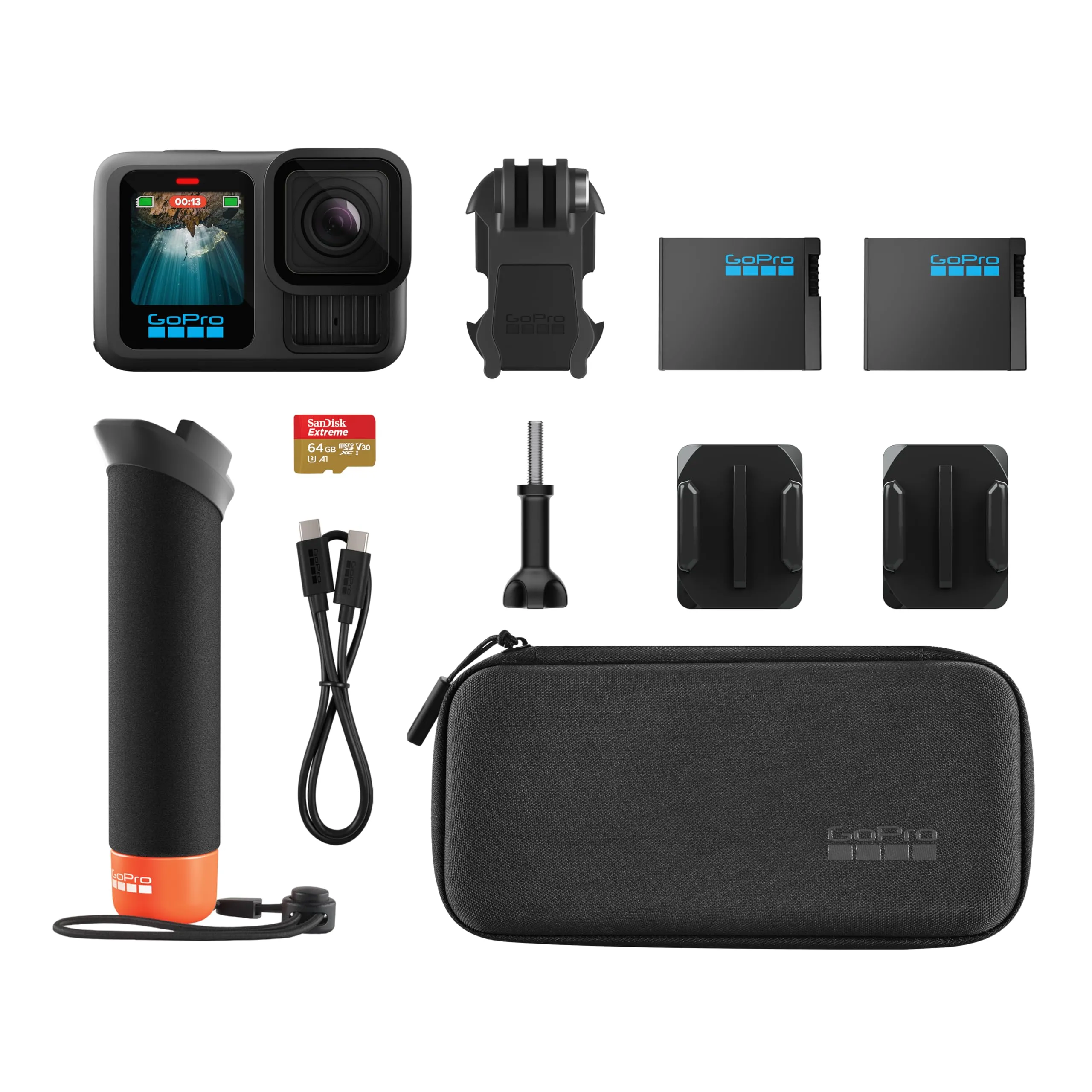 GoPro HERO13 Black Accessory Bundle: Handler, 2 Enduro Batteries, 2 Curved Adhesive Mounts, 64GB SanDisk MicroSD Card, Carrying Case - immagine 2