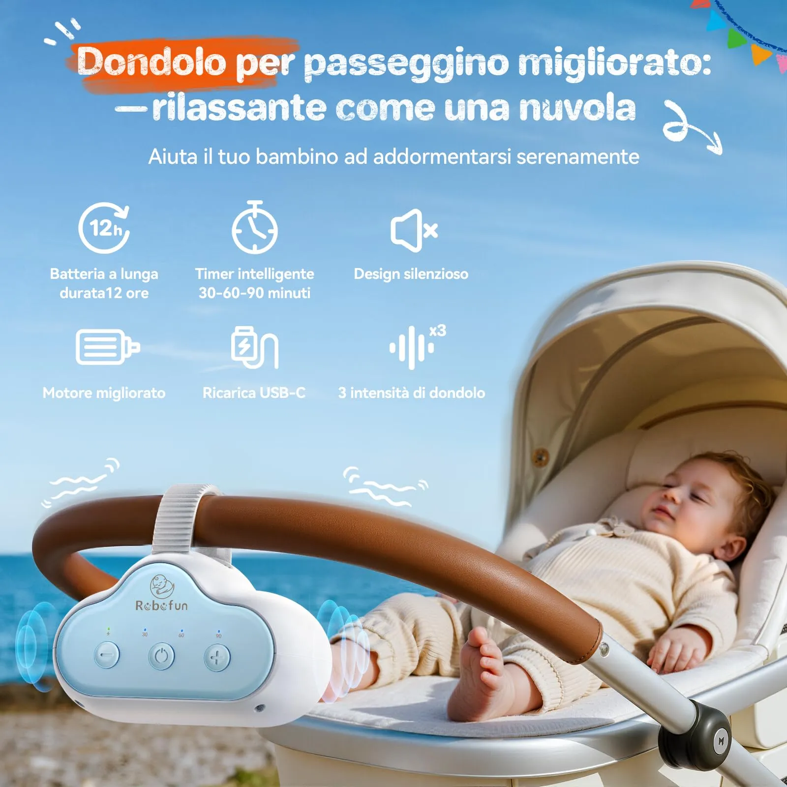 Robofun Passeggino Rocker - Dondolo Automatico per Passeggino, Timer 30-60-90 Min, Ricaricabile USB-C - immagine 2
