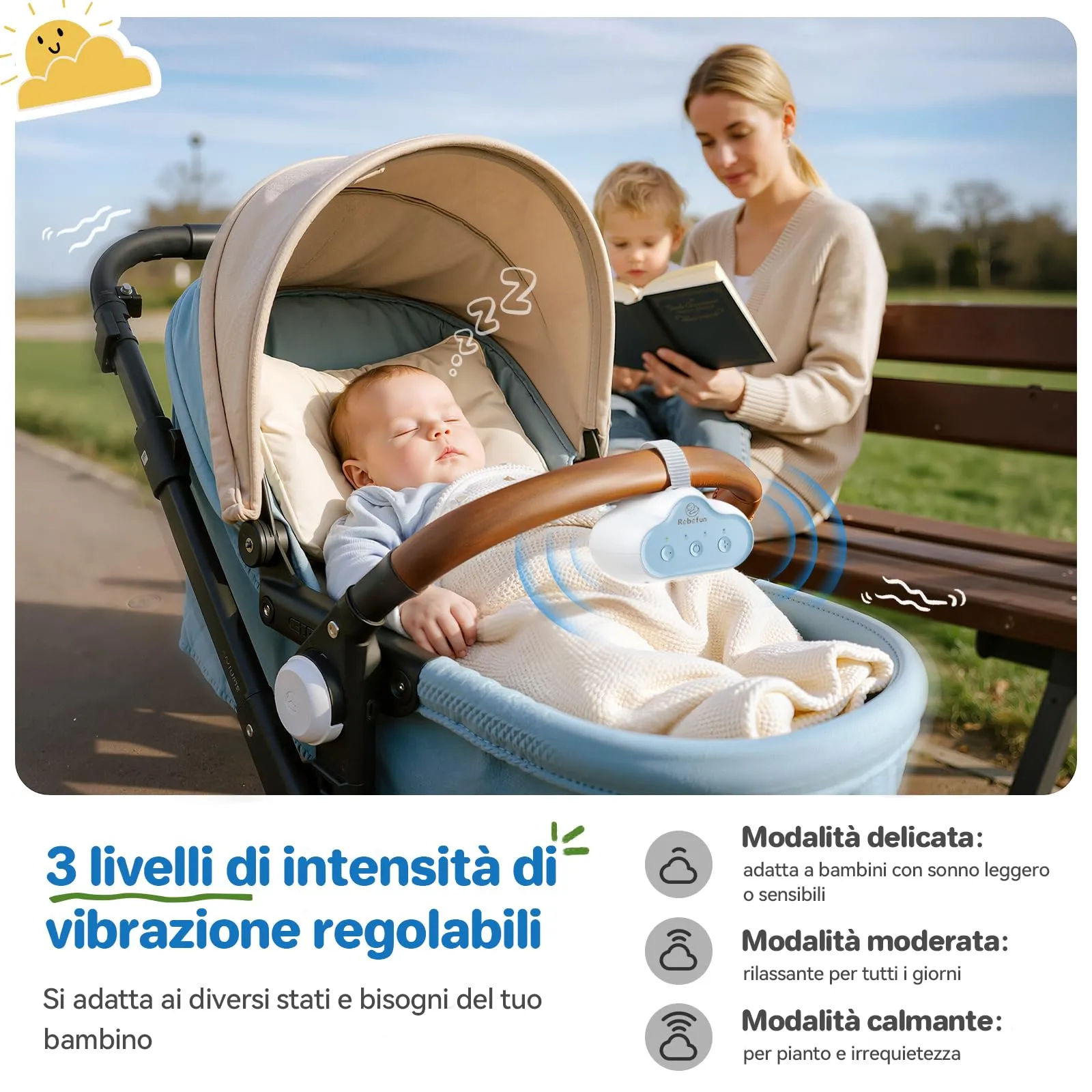 Robofun Passeggino Rocker - Dondolo Automatico per Passeggino, Timer 30-60-90 Min, Ricaricabile USB-C - immagine 4