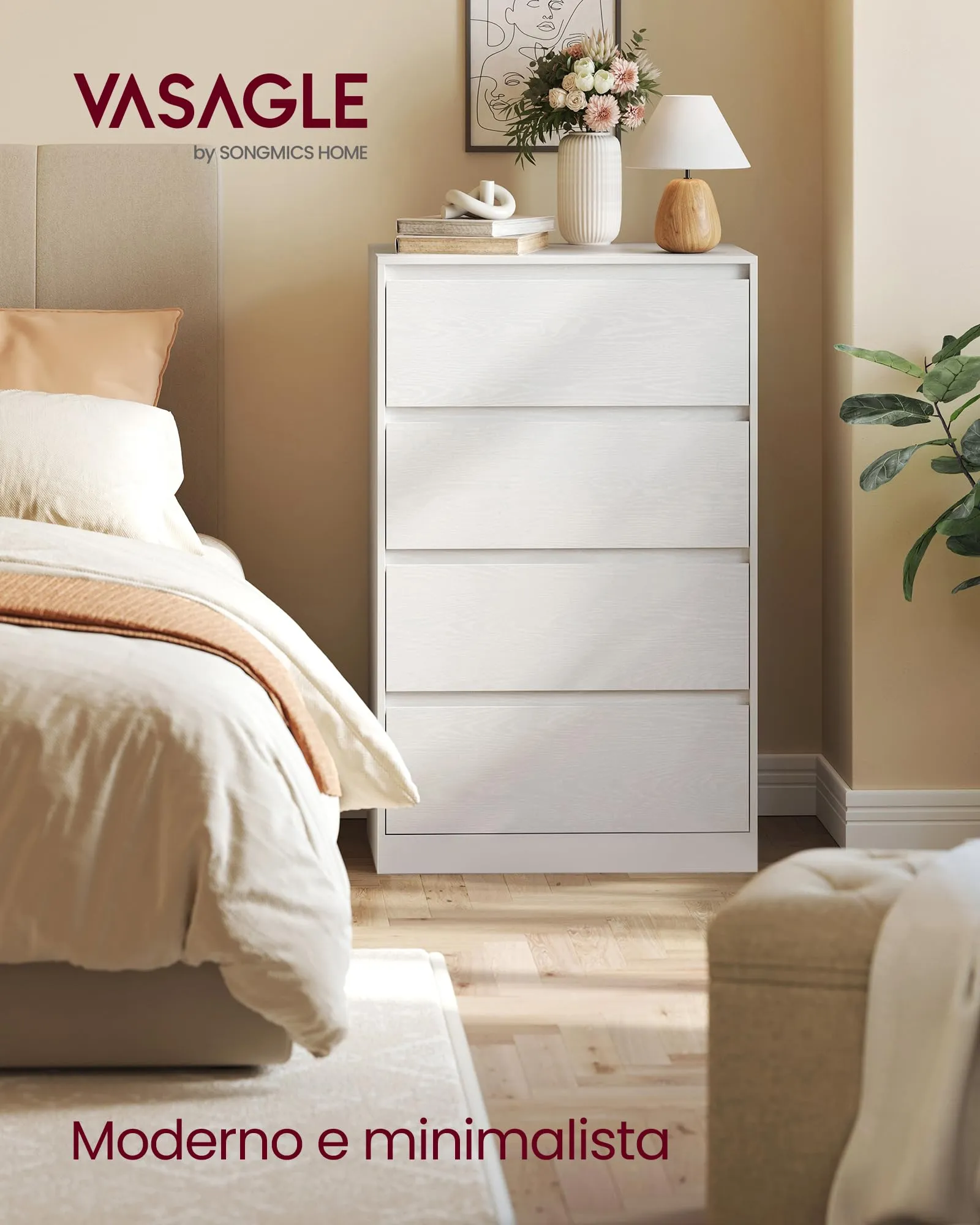 VASAGLE KAILYN Cassettiera con 4 Cassetti, 40 x 60 x 97,4 cm, Bianco Neve LTS614WE02V1 - immagine 2