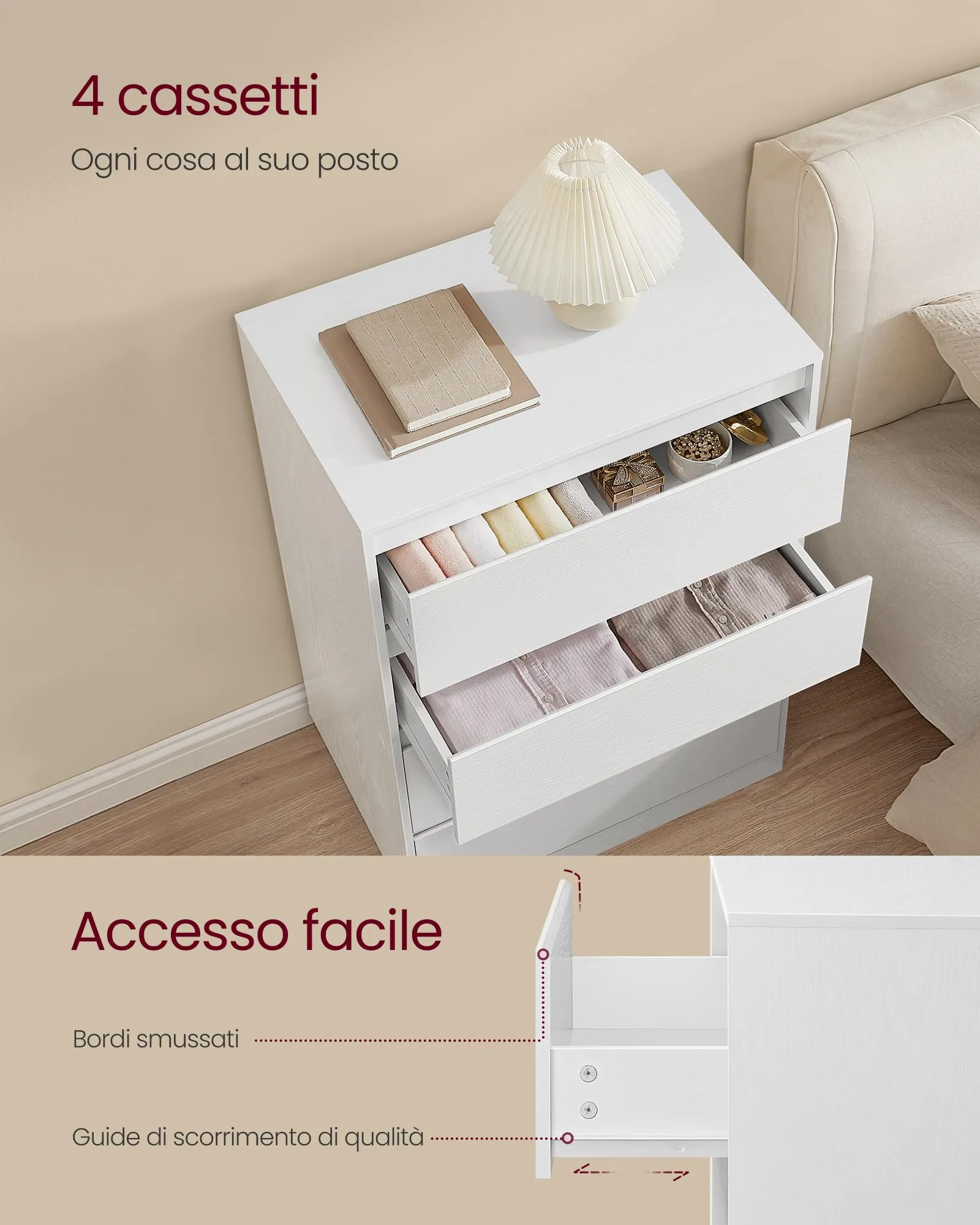VASAGLE KAILYN Cassettiera con 4 Cassetti, 40 x 60 x 97,4 cm, Bianco Neve LTS614WE02V1 - immagine 3
