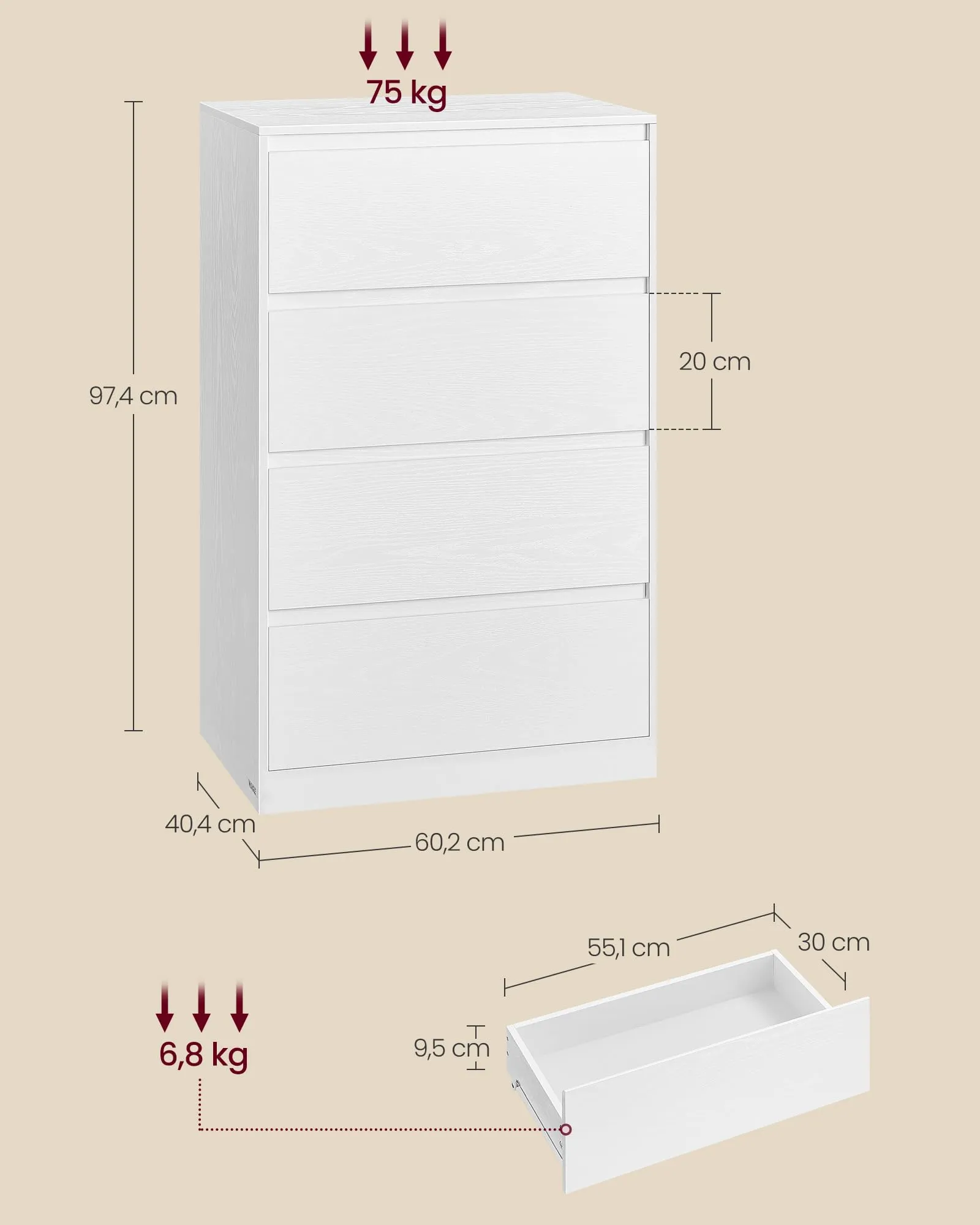 VASAGLE KAILYN Cassettiera con 4 Cassetti, 40 x 60 x 97,4 cm, Bianco Neve LTS614WE02V1 - immagine 5