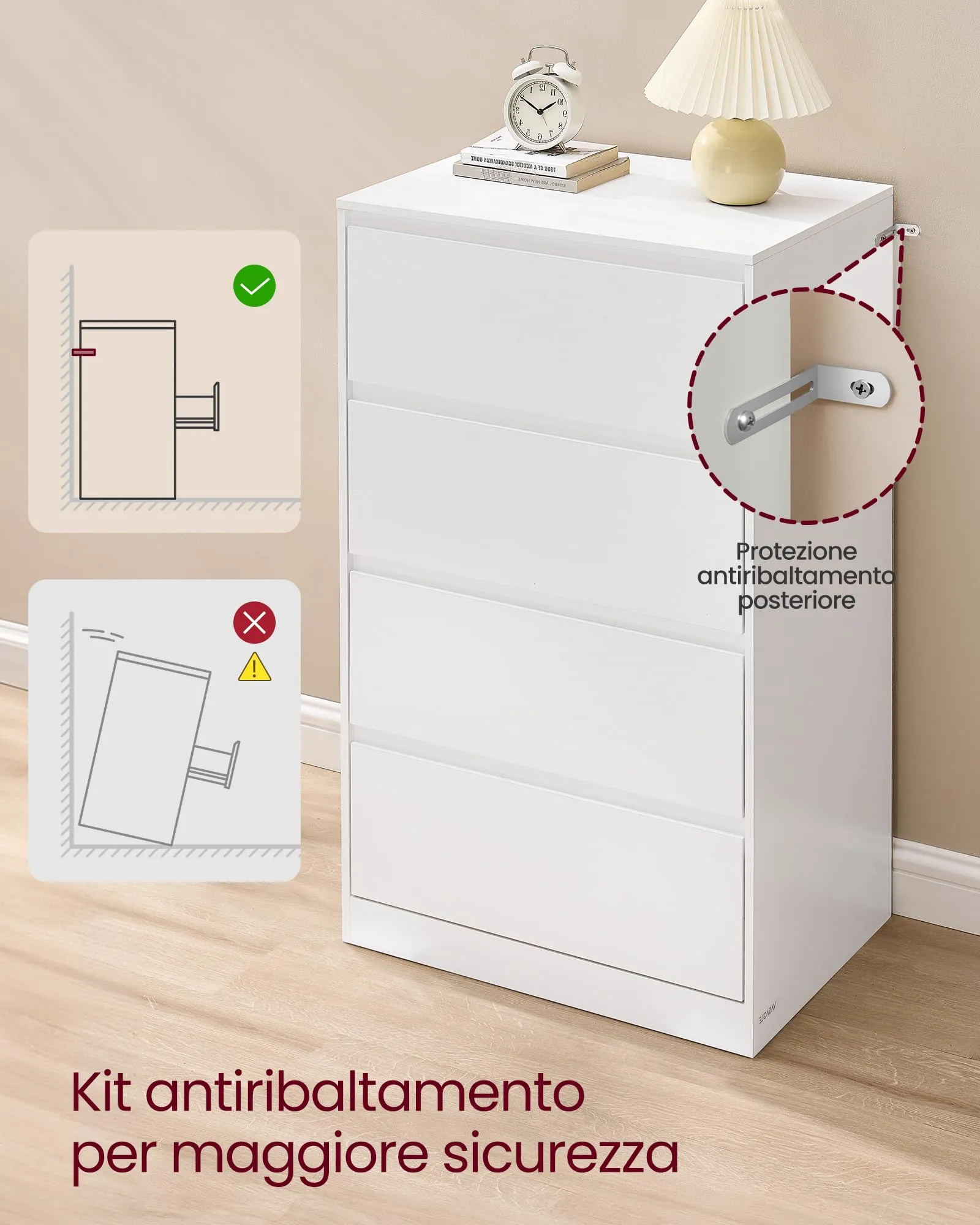 VASAGLE KAILYN Cassettiera con 4 Cassetti, 40 x 60 x 97,4 cm, Bianco Neve LTS614WE02V1 - immagine 6