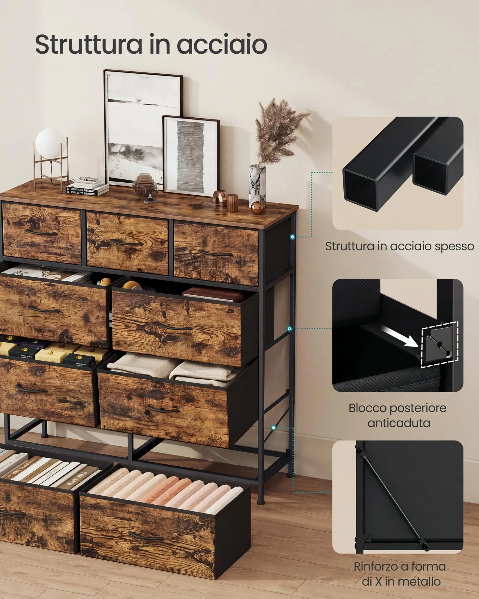 SONGMICS BELLAH Cassettiera con 9 Cassetti, Mobile Industriale in Acciaio, Marrone Vintage e Nero Inchiostro LGS324BH04 - immagine 6