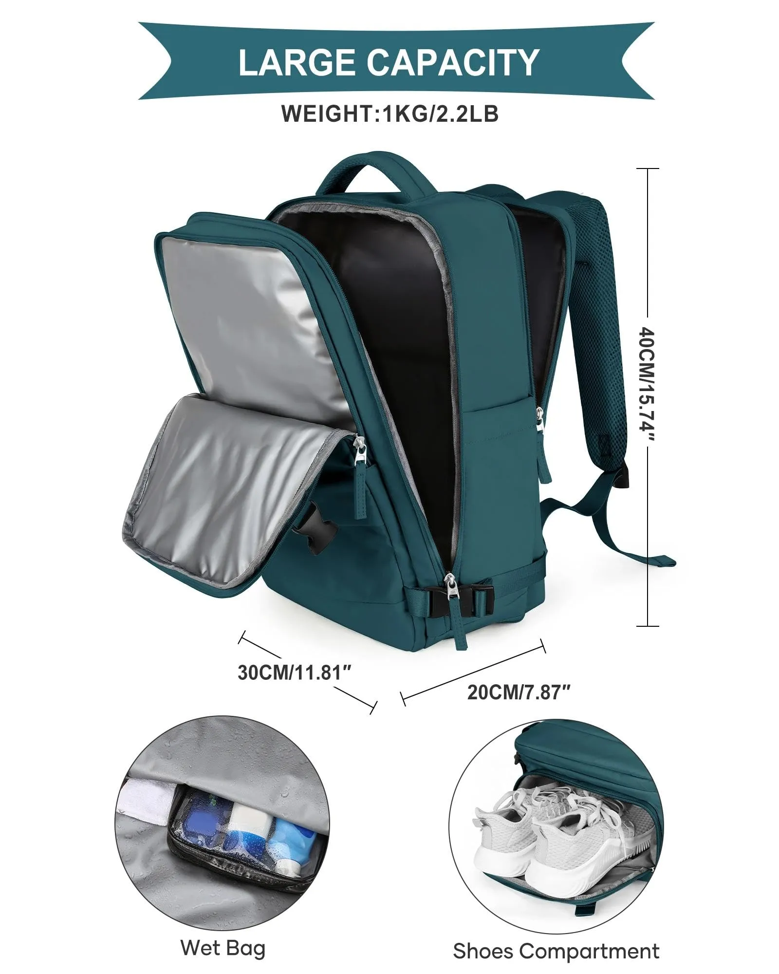 SZLX Zaino da Viaggio 40x30x20 per Ryanair e Wizzair, Impermeabile con Scomparto per Scarpe e Laptop da 14 Pollici - immagine 5