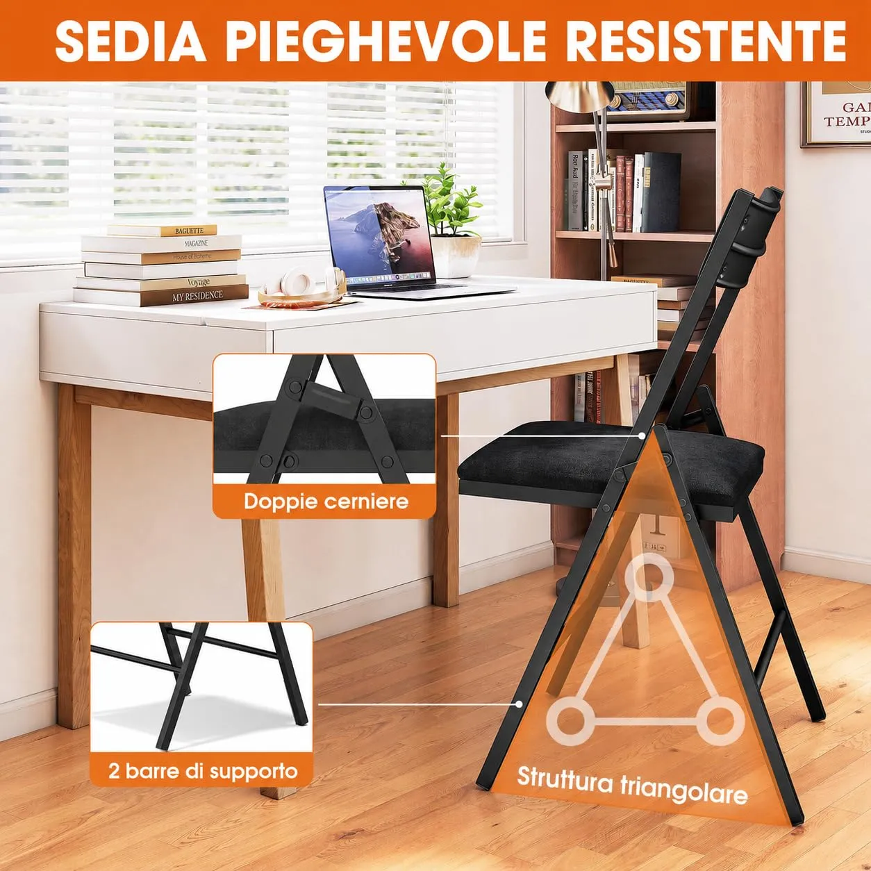 Asdsed Set di 6 Sedie Pieghevoli Imbottite in Velluto, Portata 180 kg, Nero - immagine 7