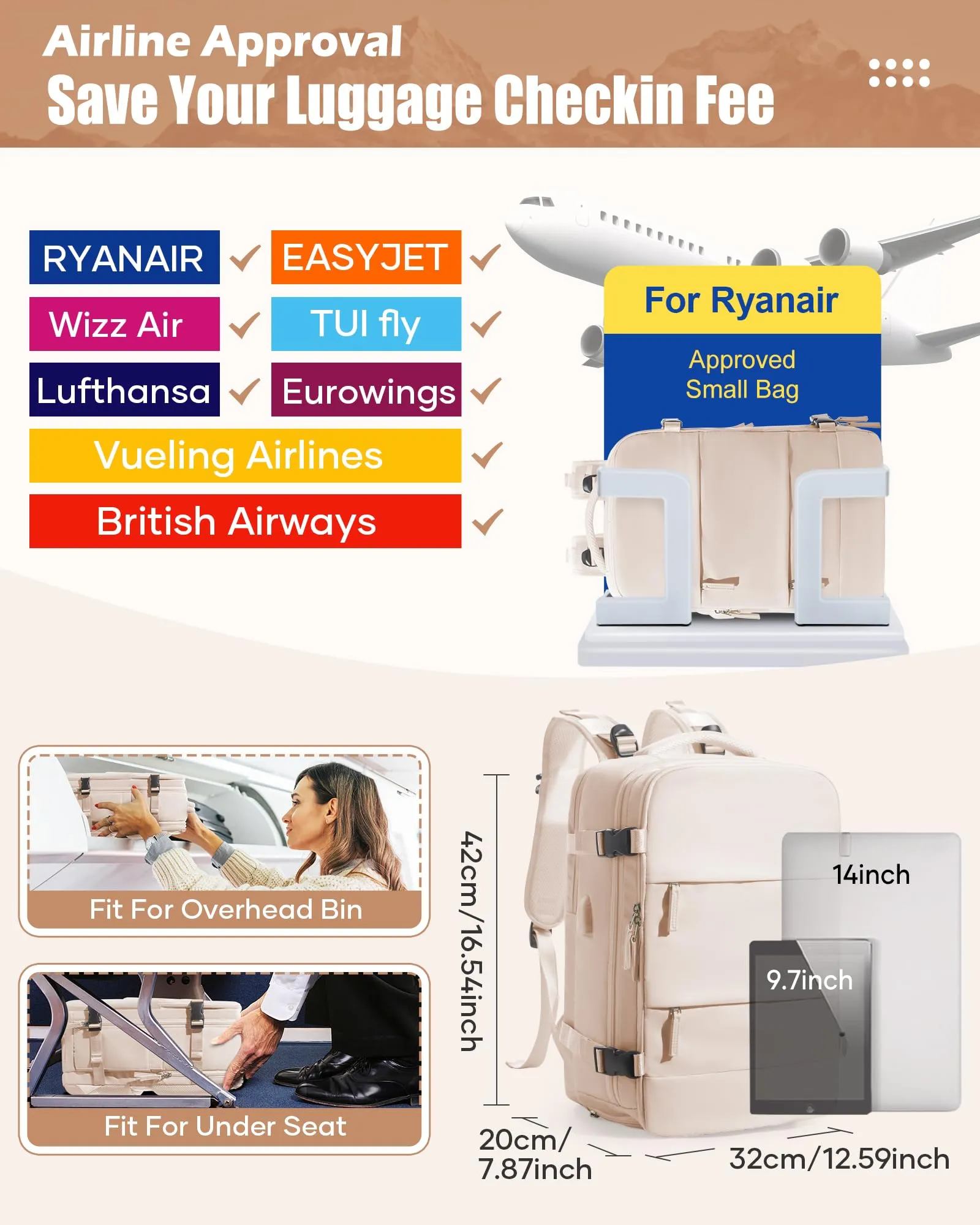 SZLX Zaino da Viaggio Sottovuoto con Pompa 40x30x20cm per Ryanair e Wizzair, Impermeabile, Scomparto Laptop 14 Pollici e Scomparto per Scarpe - immagine 2