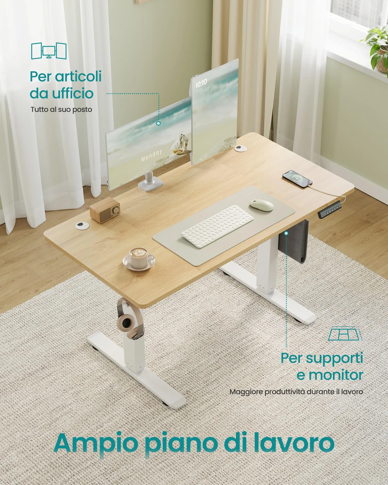 SONGMICS Scrivania Regolabile in Altezza Elettrica, 120 x 60 cm, Memoria per 4 Altezze, Porta USB-C, Rovere Dorato LSD132YA01 - immagine 4
