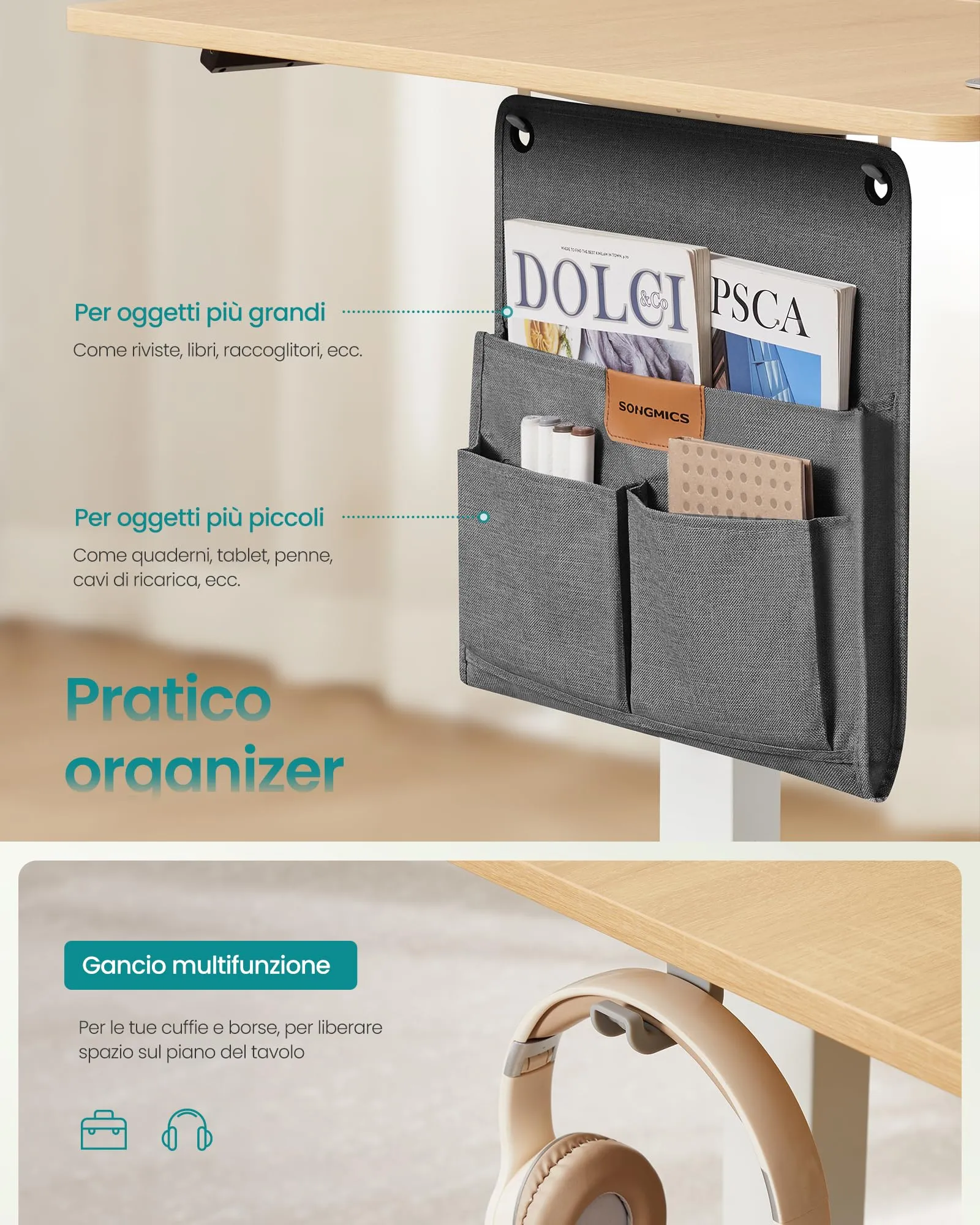 SONGMICS Scrivania Regolabile in Altezza Elettrica, 120 x 60 cm, Memoria per 4 Altezze, Porta USB-C, Rovere Dorato LSD132YA01 - immagine 5