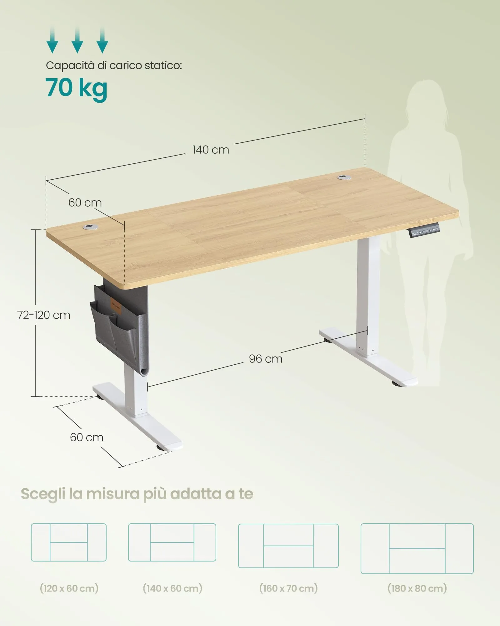 SONGMICS Scrivania Regolabile in Altezza Elettrica, 140 x 60 cm, Memoria 4 Altezze, Porta USB-C, Rovere Dorato LSD134YA01 - immagine 2