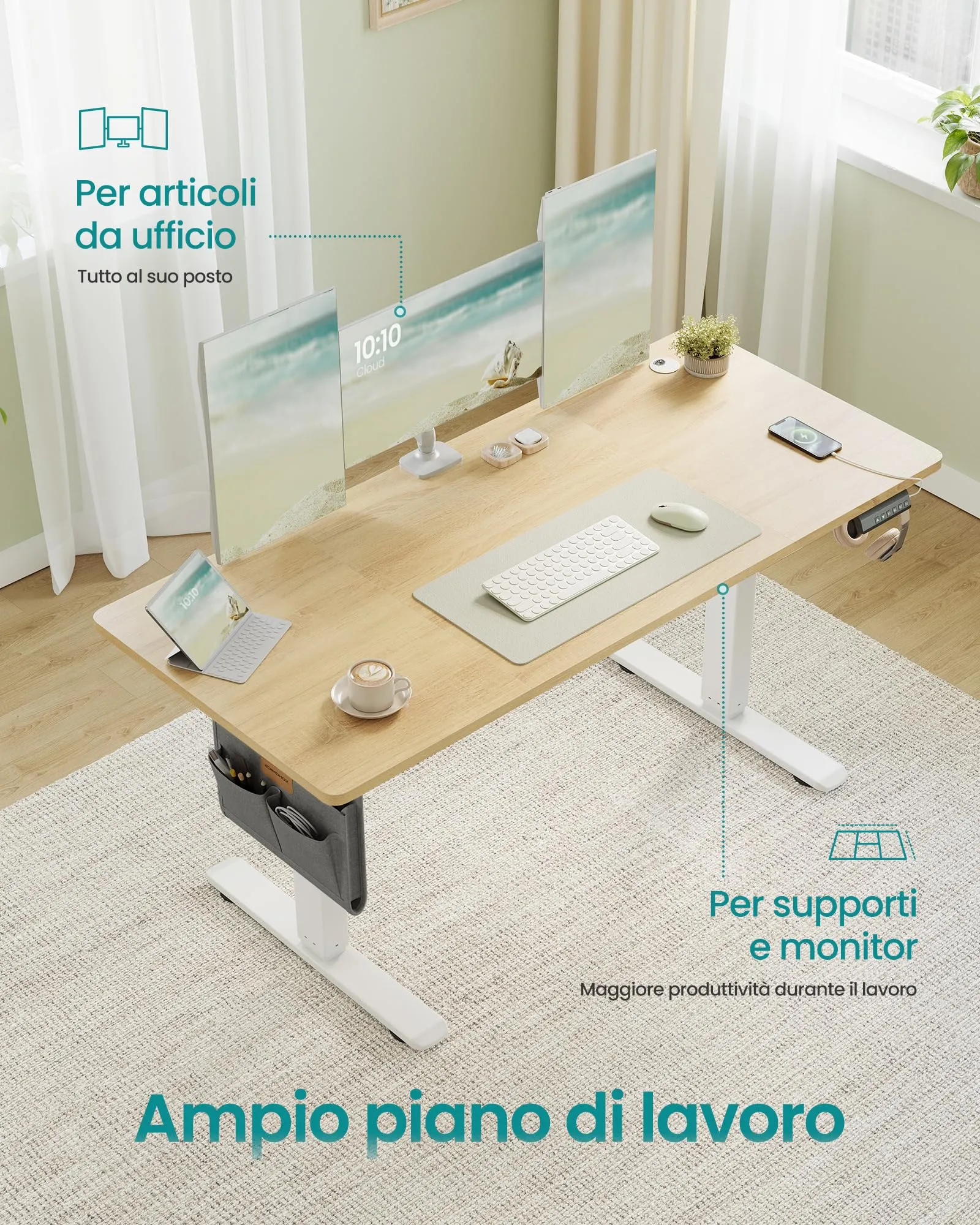 SONGMICS Scrivania Regolabile in Altezza Elettrica, 140 x 60 cm, Memoria 4 Altezze, Porta USB-C, Rovere Dorato LSD134YA01 - immagine 5