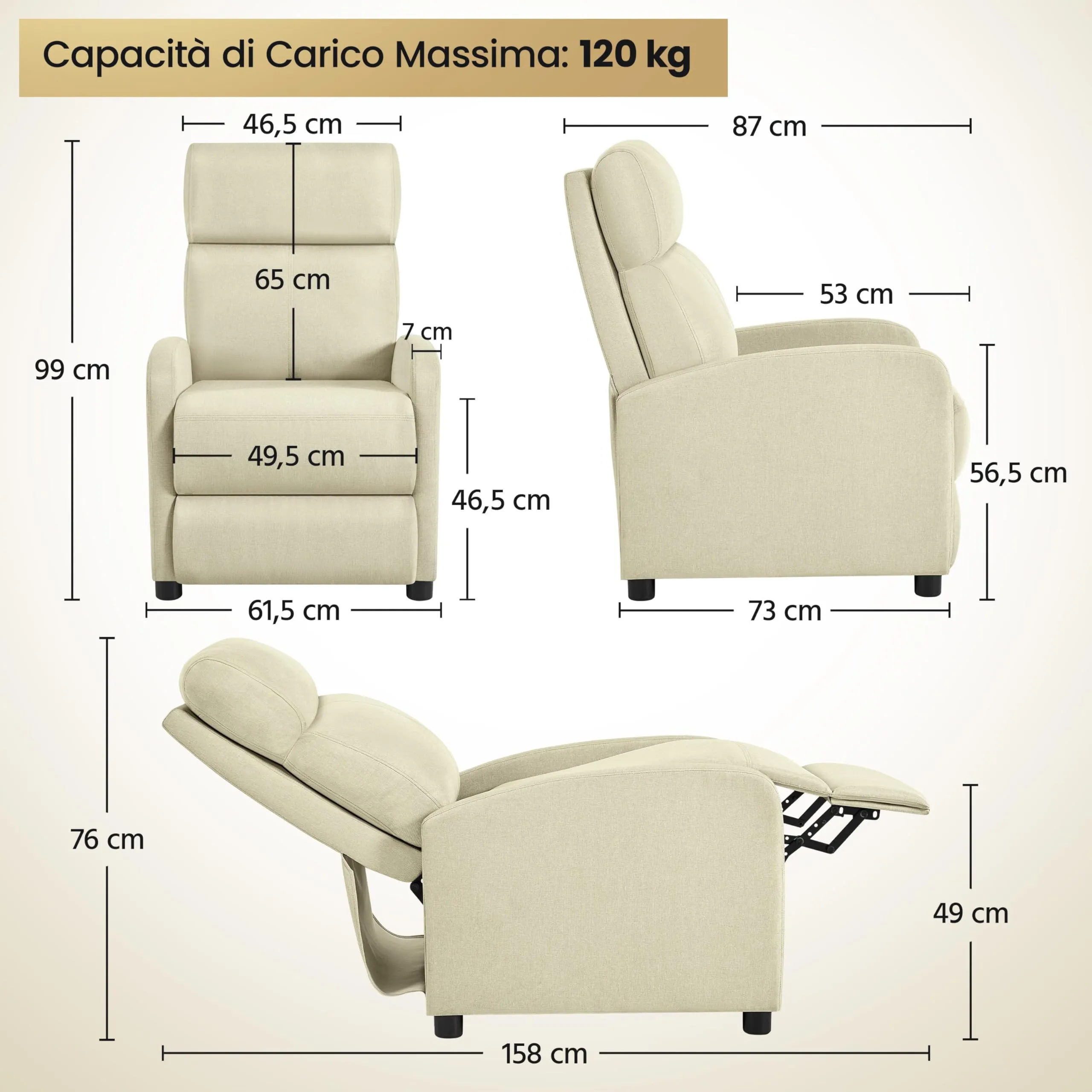Yaheetech Poltrona Relax Reclinabile con Poggiapiedi, Beige - immagine 3