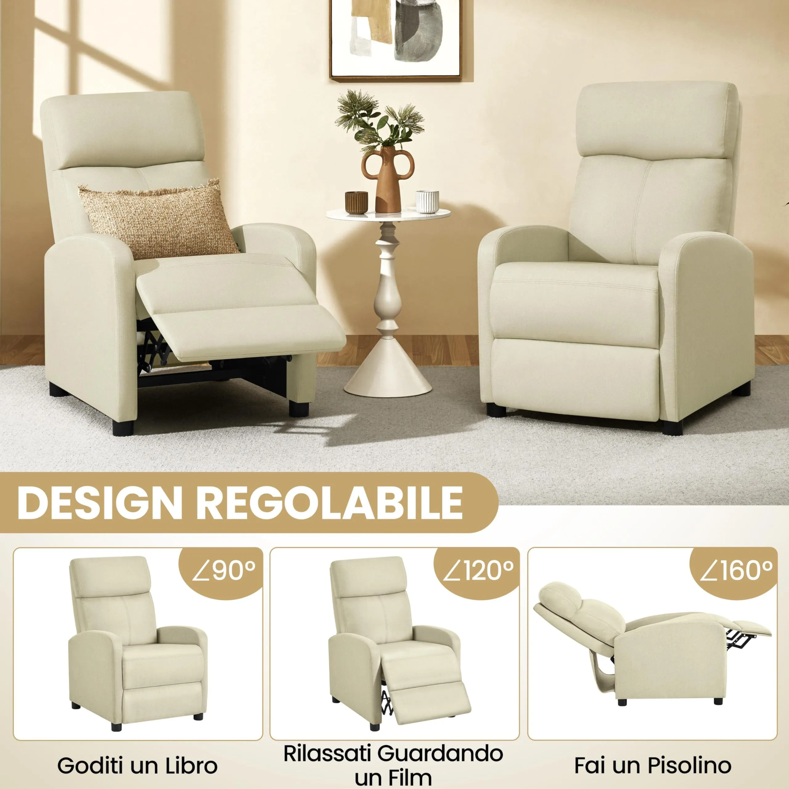 Yaheetech Poltrona Relax Reclinabile con Poggiapiedi, Beige - immagine 4
