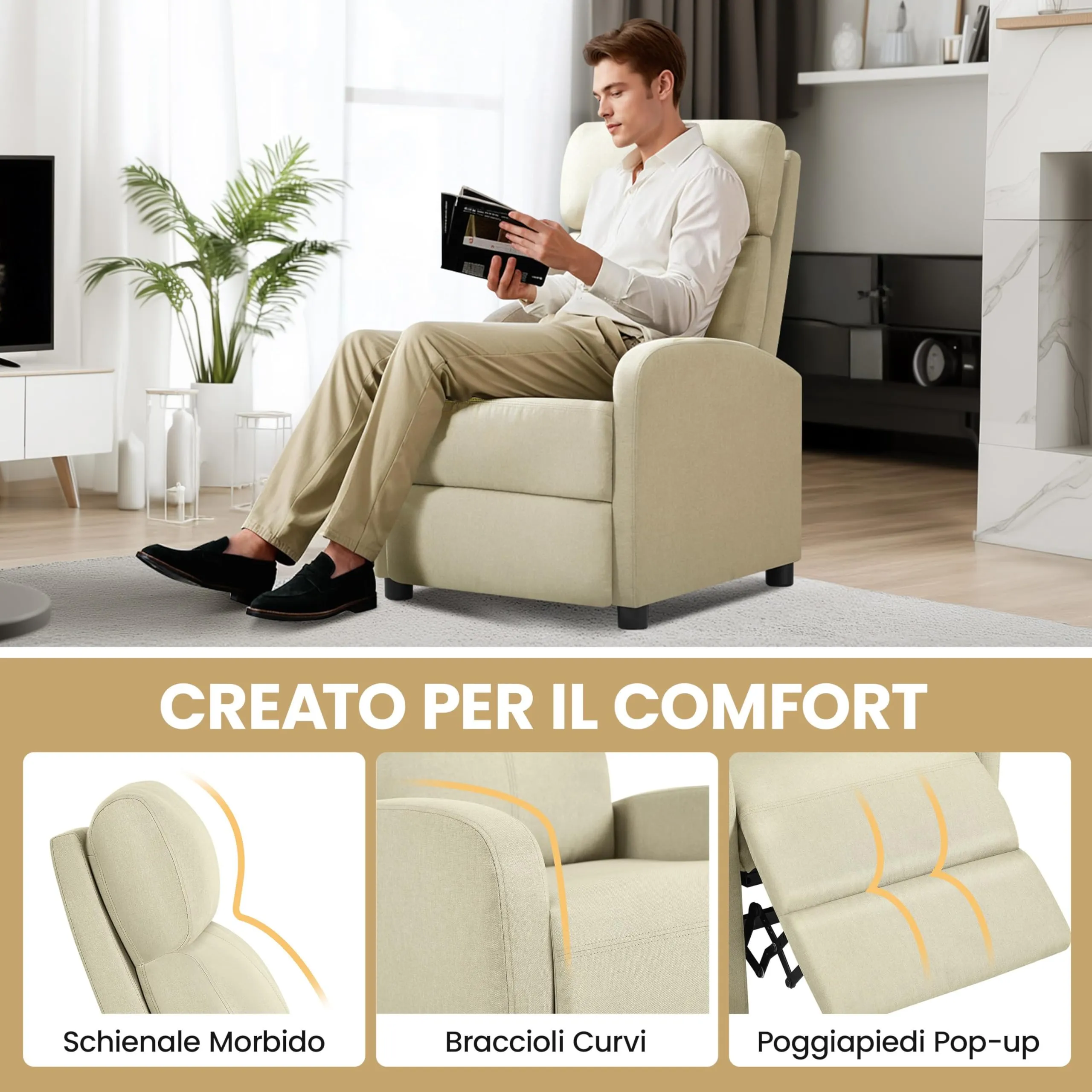Yaheetech Poltrona Relax Reclinabile con Poggiapiedi, Beige - immagine 5
