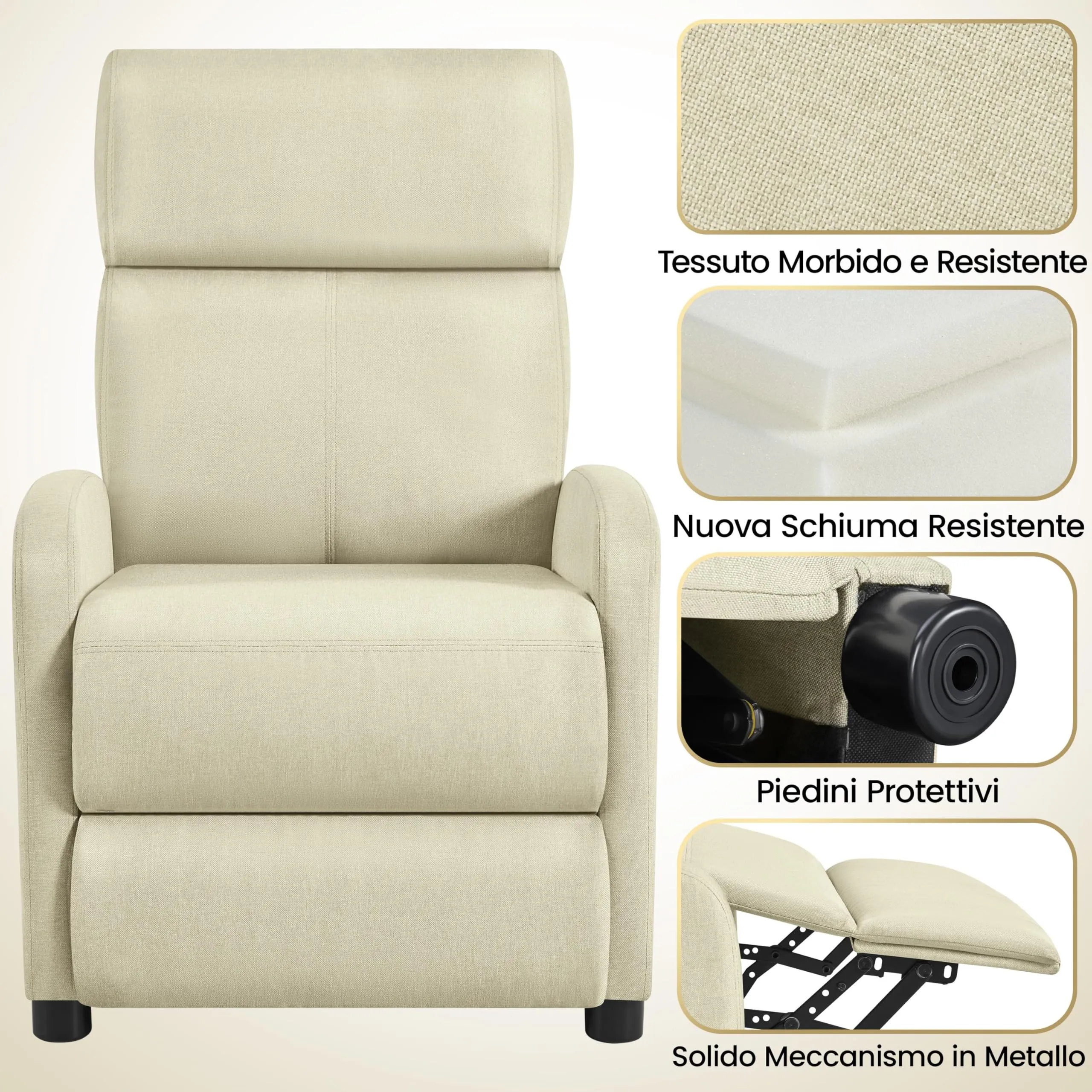 Yaheetech Poltrona Relax Reclinabile con Poggiapiedi, Beige - immagine 6