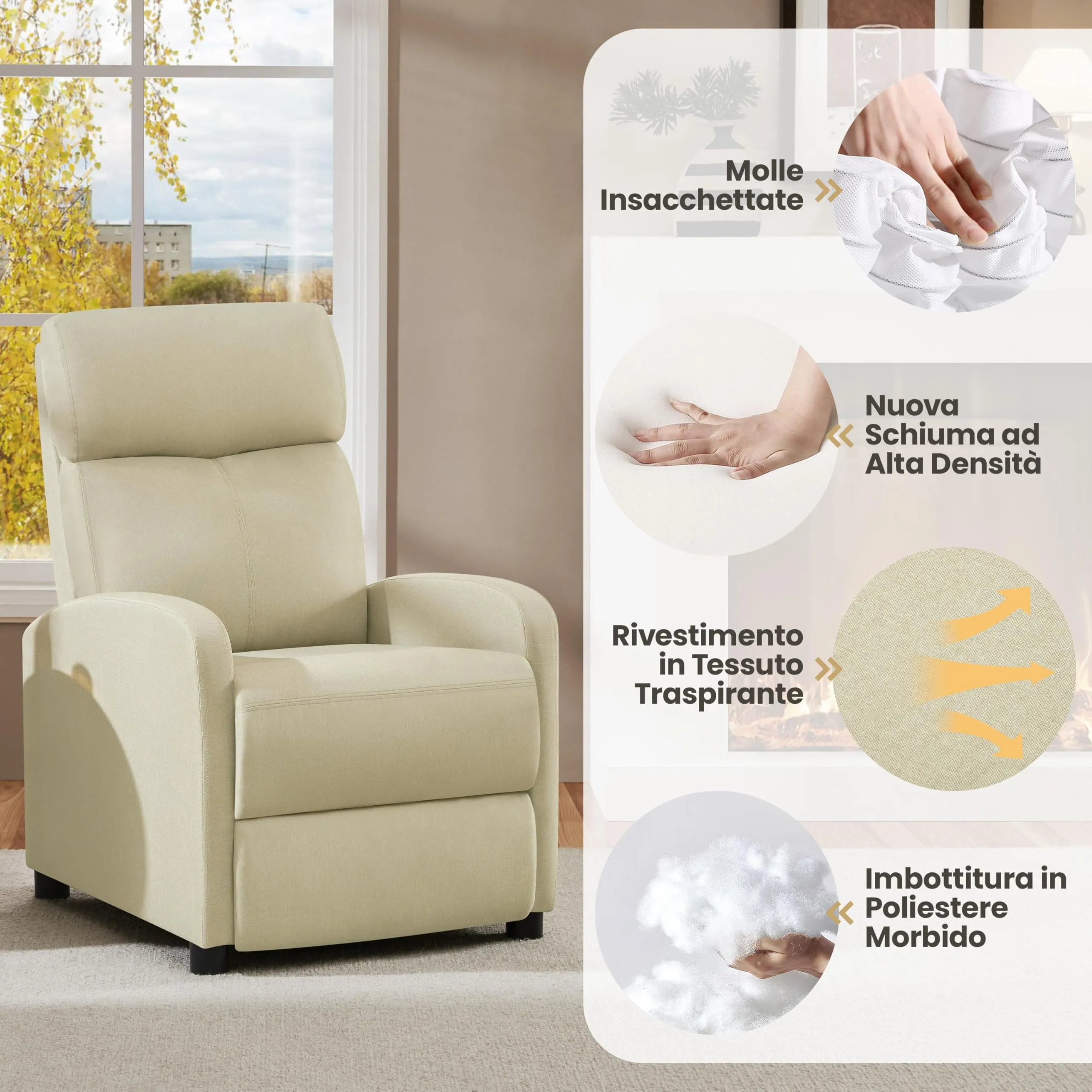 Yaheetech Poltrona Relax Reclinabile con Poggiapiedi, Beige - immagine 7