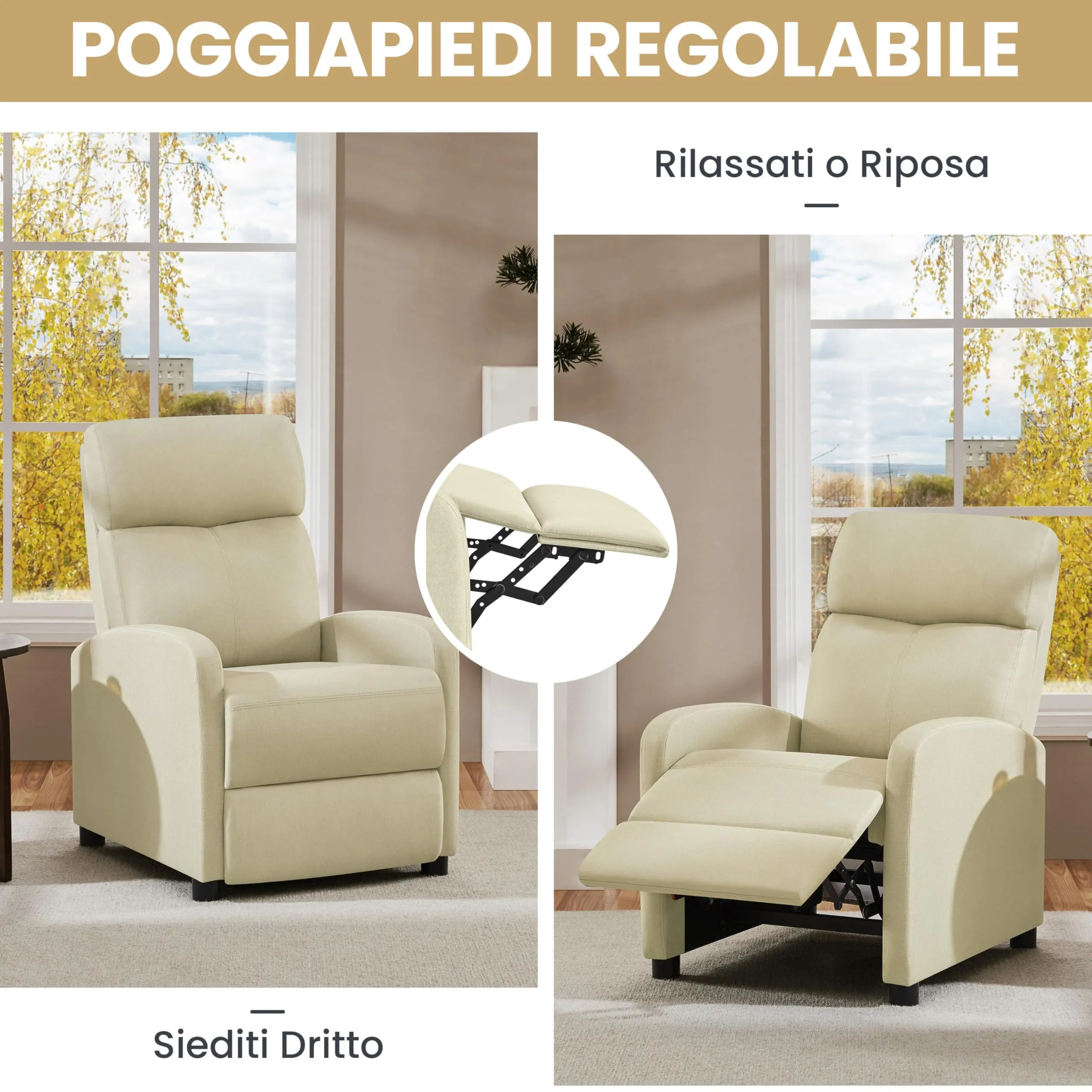 Yaheetech Poltrona Relax Reclinabile con Poggiapiedi, Beige - immagine 8