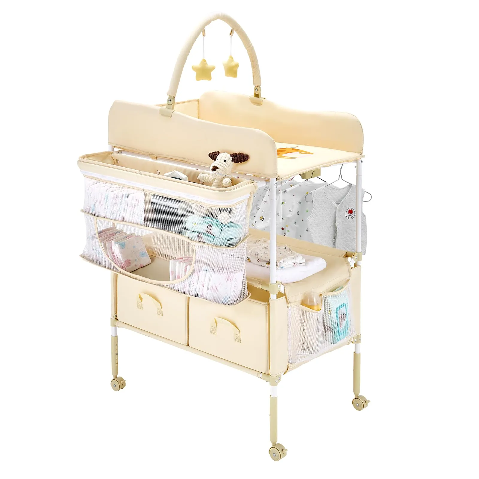 VEVOR Fasciatoio Pieghevole Regolabile in Altezza con 2 Cassetti, Cestino Laterale e Ruote, Beige Chiaro - immagine 1