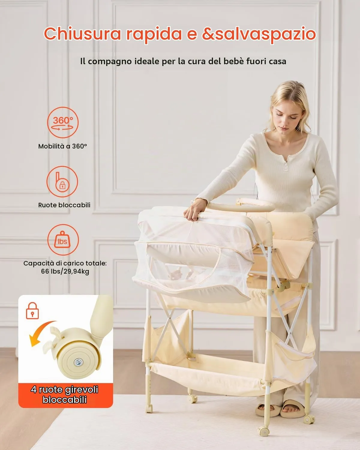 VEVOR Fasciatoio Pieghevole Regolabile in Altezza con 2 Cassetti, Cestino Laterale e Ruote, Beige Chiaro - immagine 3