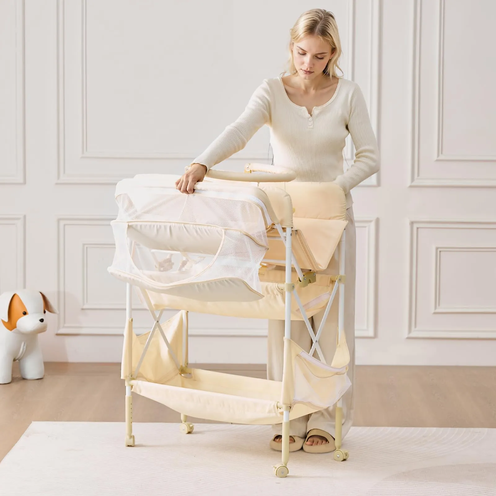VEVOR Fasciatoio Pieghevole Regolabile in Altezza con 2 Cassetti, Cestino Laterale e Ruote, Beige Chiaro - immagine 8