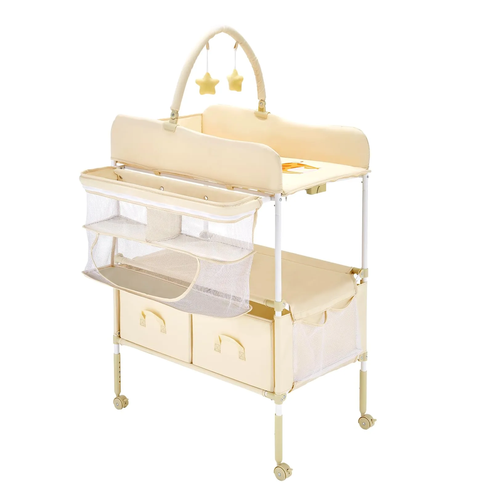 VEVOR Fasciatoio Pieghevole Regolabile in Altezza con 2 Cassetti, Cestino Laterale e Ruote, Beige Chiaro - immagine 9