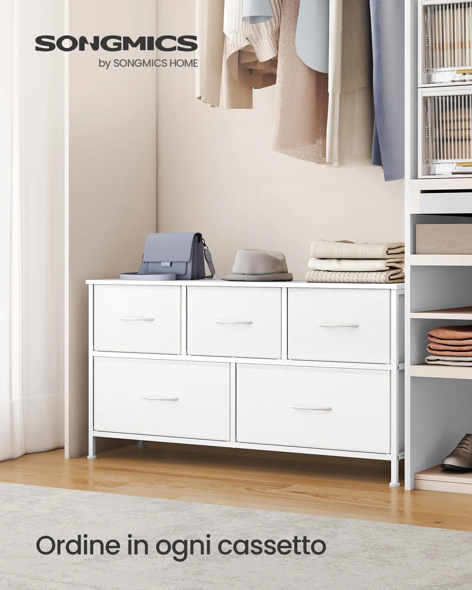SONGMICS BELLAH Cassettiera Camera da Letto, Mobile con 5 Cassetti in Acciaio, Bianco Nuvola e Bianco Neve LGS322WH01 - immagine 3