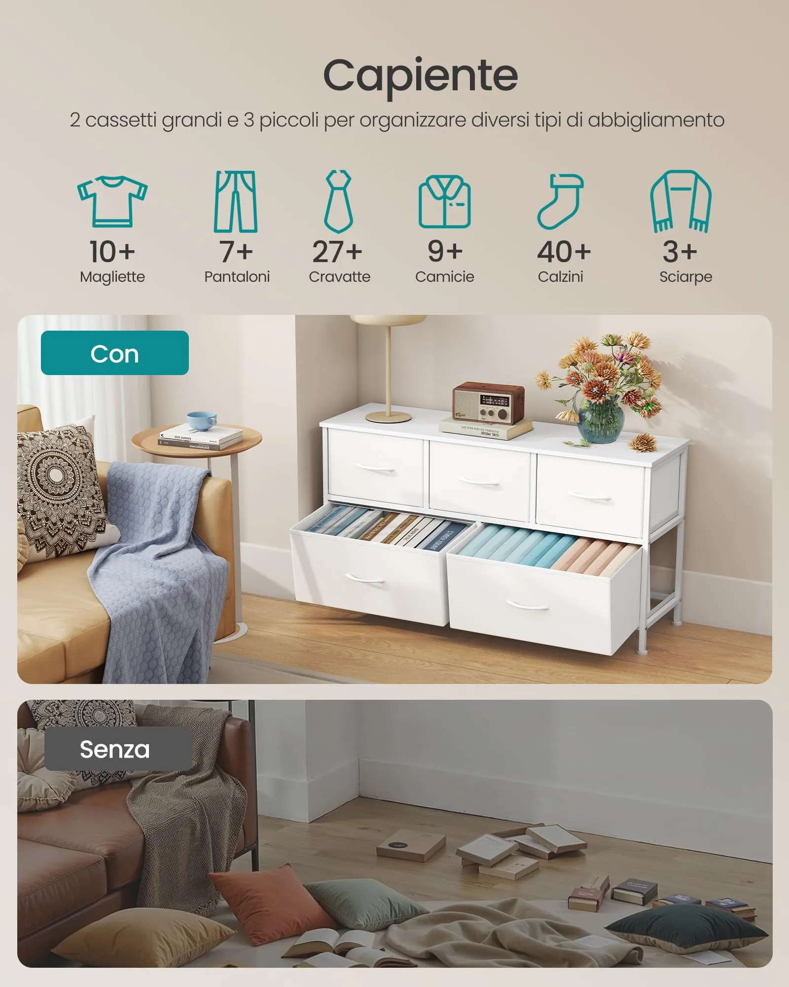 SONGMICS BELLAH Cassettiera Camera da Letto, Mobile con 5 Cassetti in Acciaio, Bianco Nuvola e Bianco Neve LGS322WH01 - immagine 4