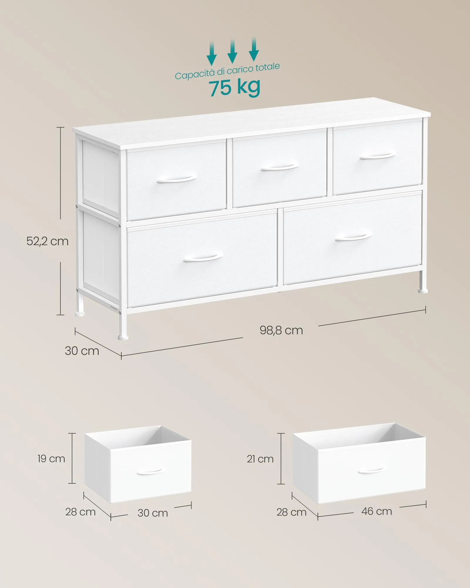 SONGMICS BELLAH Cassettiera Camera da Letto, Mobile con 5 Cassetti in Acciaio, Bianco Nuvola e Bianco Neve LGS322WH01 - immagine 6
