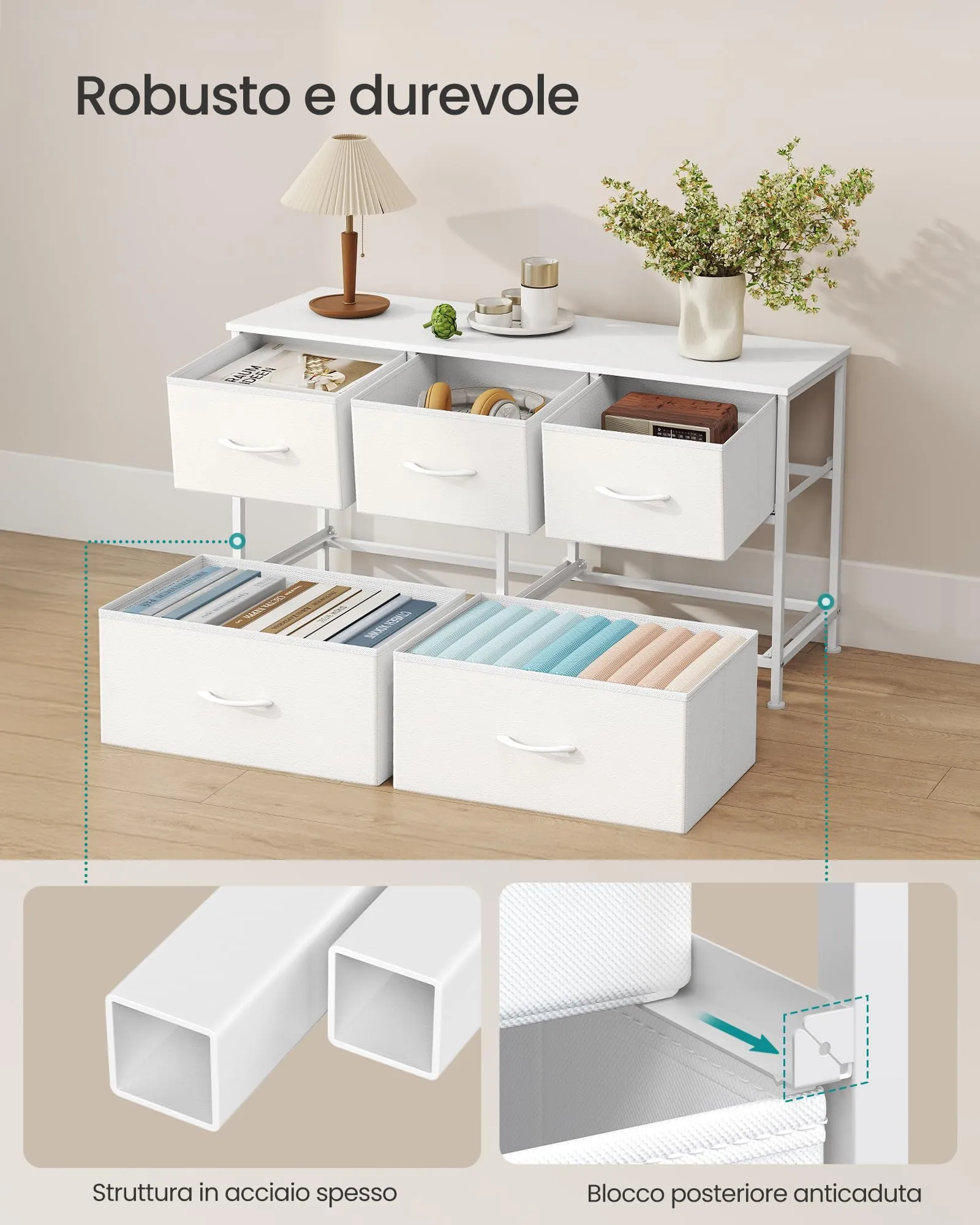 SONGMICS BELLAH Cassettiera Camera da Letto, Mobile con 5 Cassetti in Acciaio, Bianco Nuvola e Bianco Neve LGS322WH01 - immagine 7