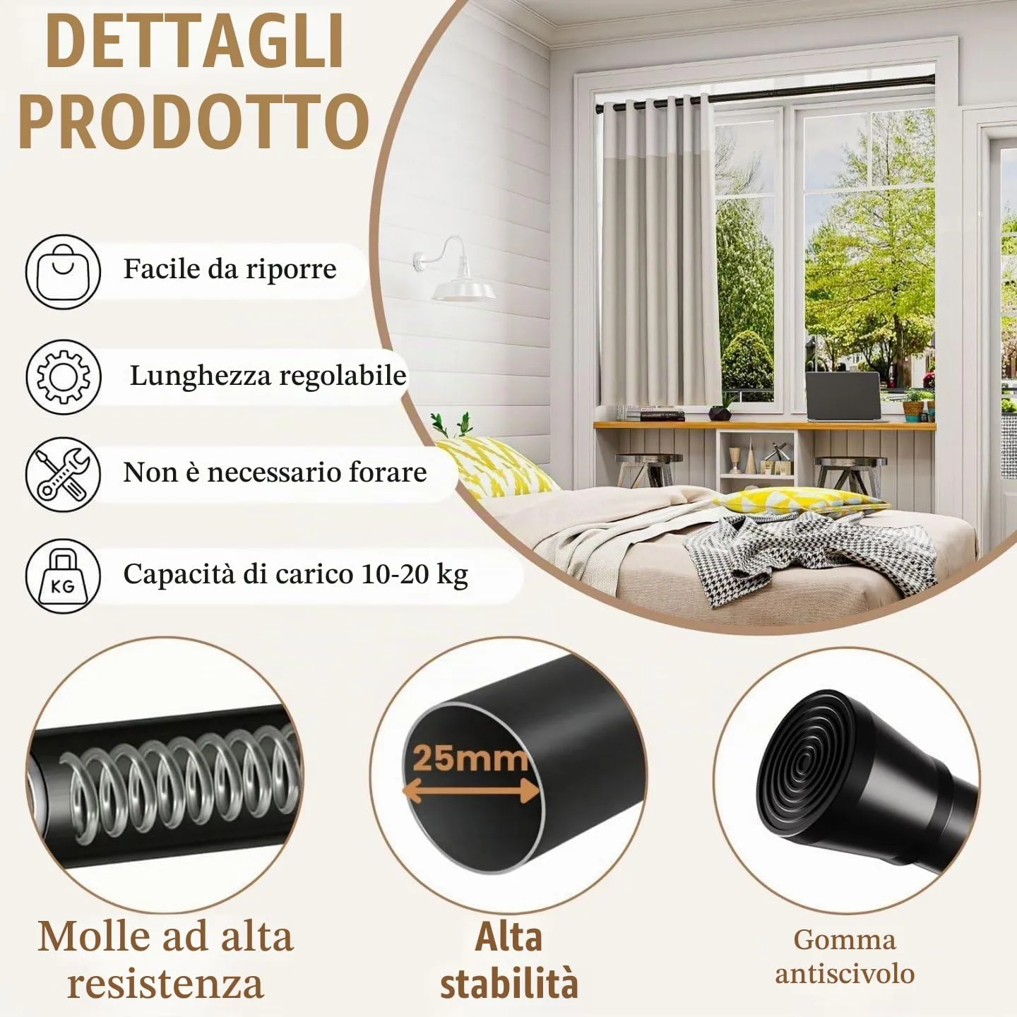 Rod&Trikin Asta di Tensione per Tende e Doccia Estensibile, Bianco 133-200cm - immagine 3