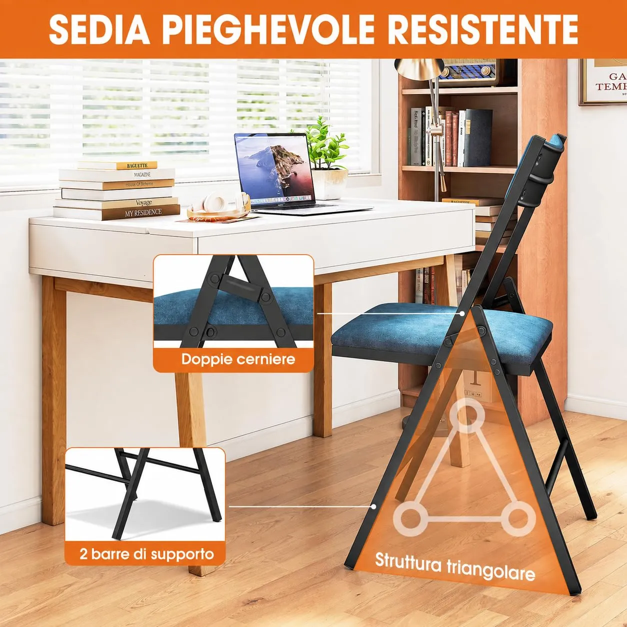 Asdsed Set di 4 Sedie Pieghevoli Imbottite in Velluto, Portata 180 kg, Blu - immagine 5