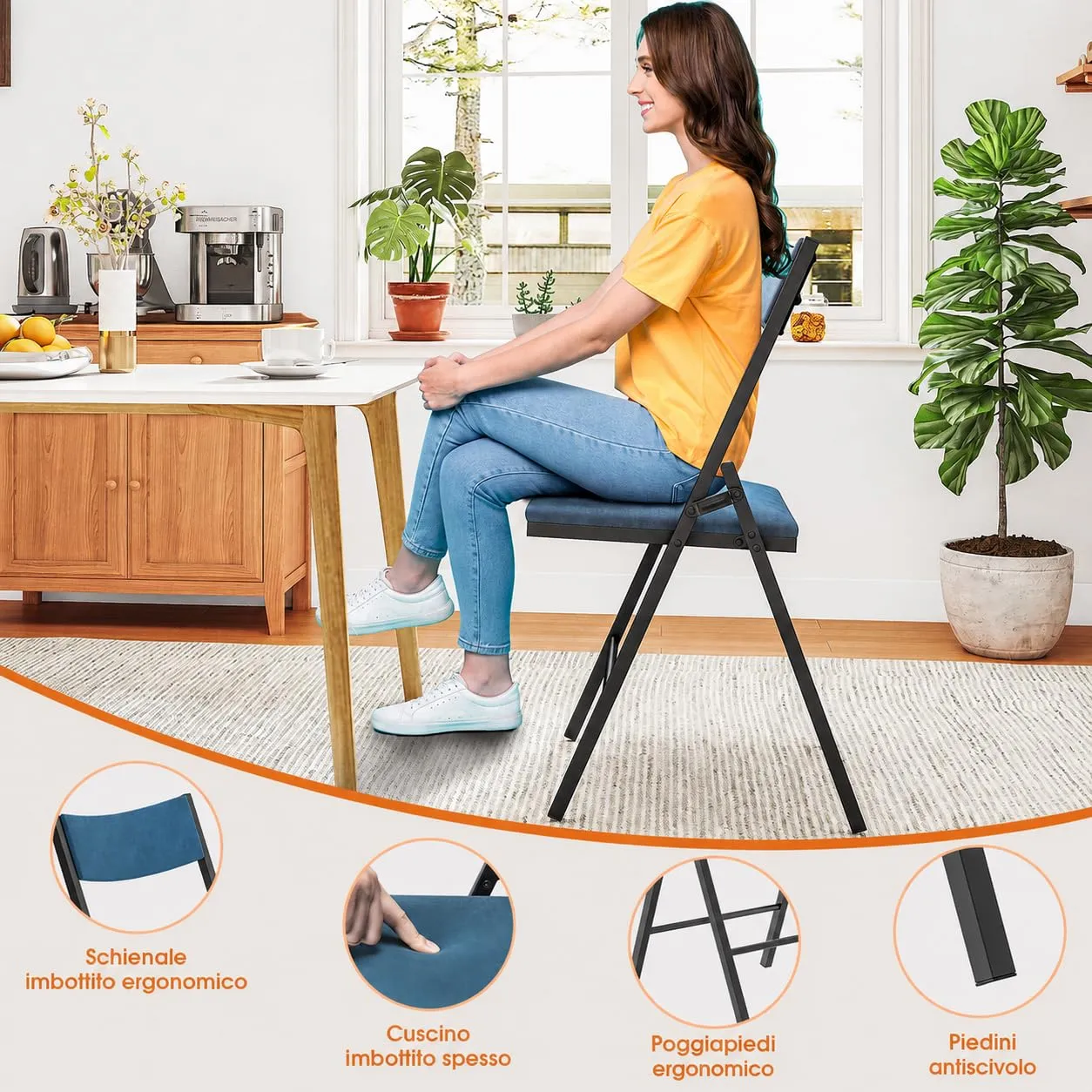 Asdsed Set di 4 Sedie Pieghevoli Imbottite in Velluto, Portata 180 kg, Blu - immagine 7