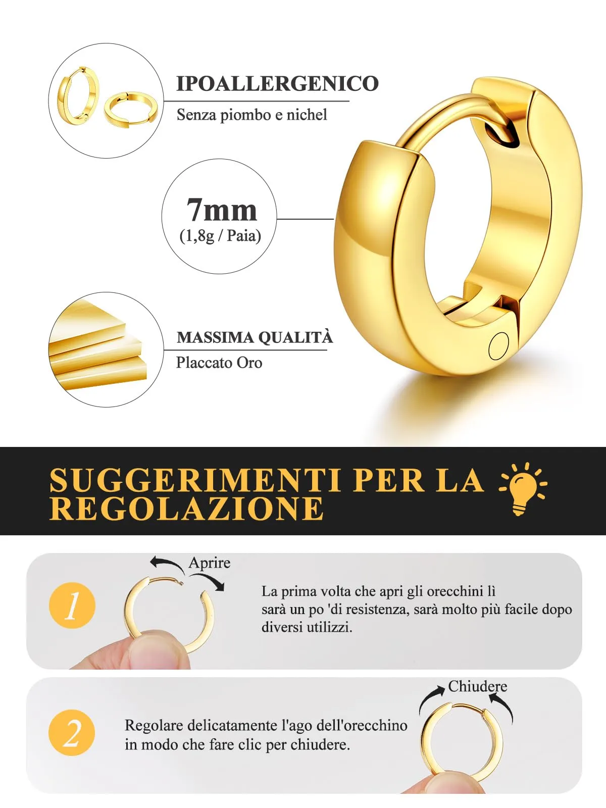 U7 Orecchini Uomo Oro Cerchio Piccolo 7 mm Acciaio Inossidabile Larghezza 3mm - immagine 4