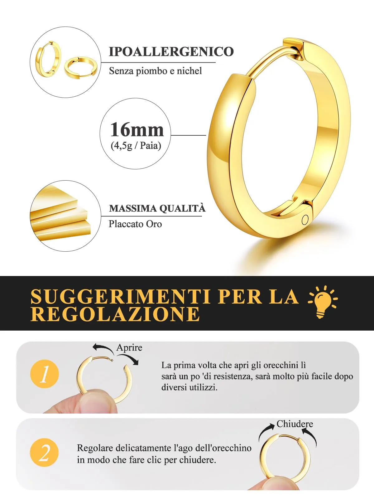 U7 Orecchini a Cerchio Uomo in Acciaio Inossidabile Oro, 16 mm x 3 mm - immagine 4
