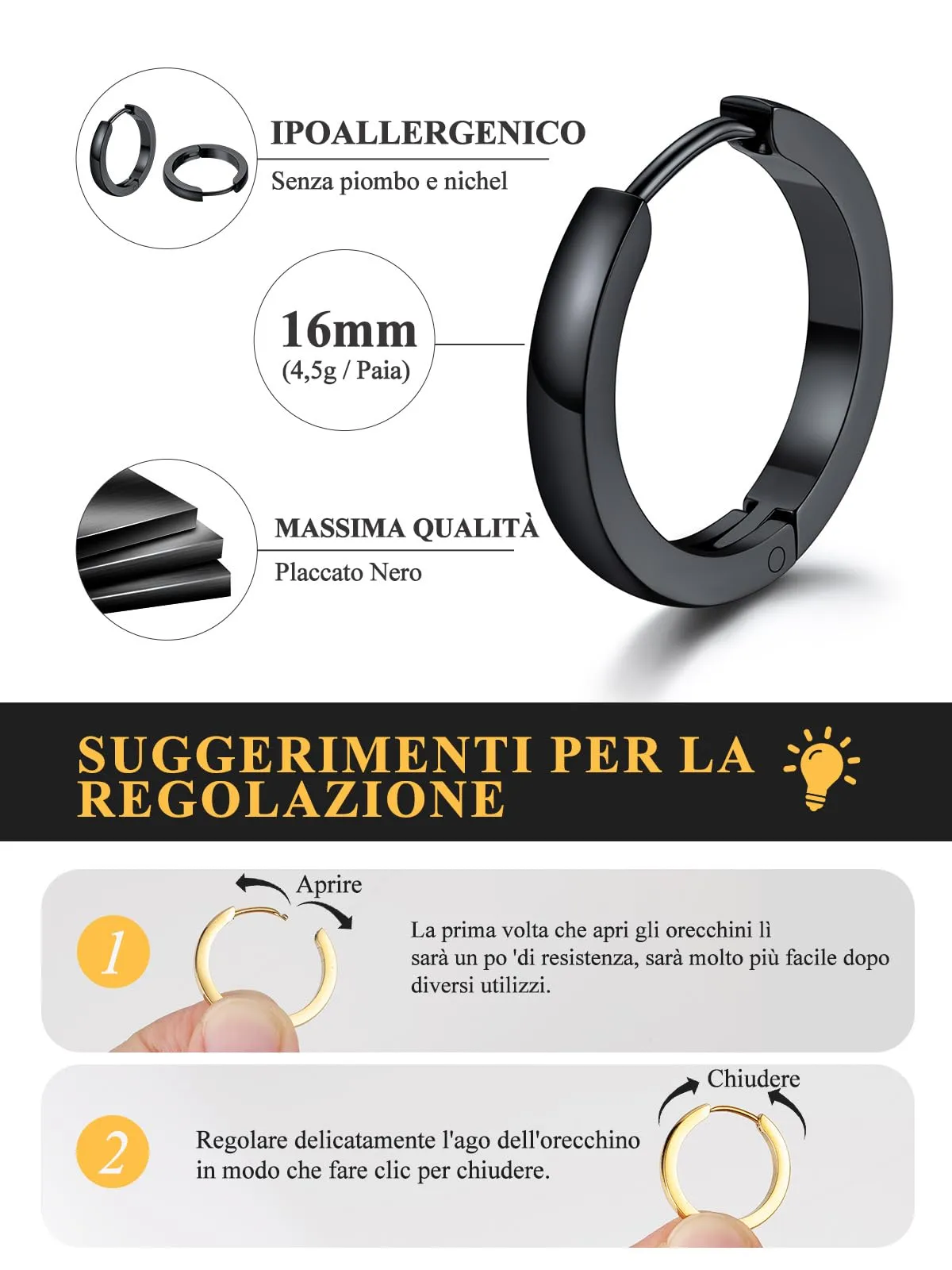 U7 Orecchini Uomo Neri Cerchio 16 mm Acciaio Inossidabile Larghezza 3mm - immagine 4