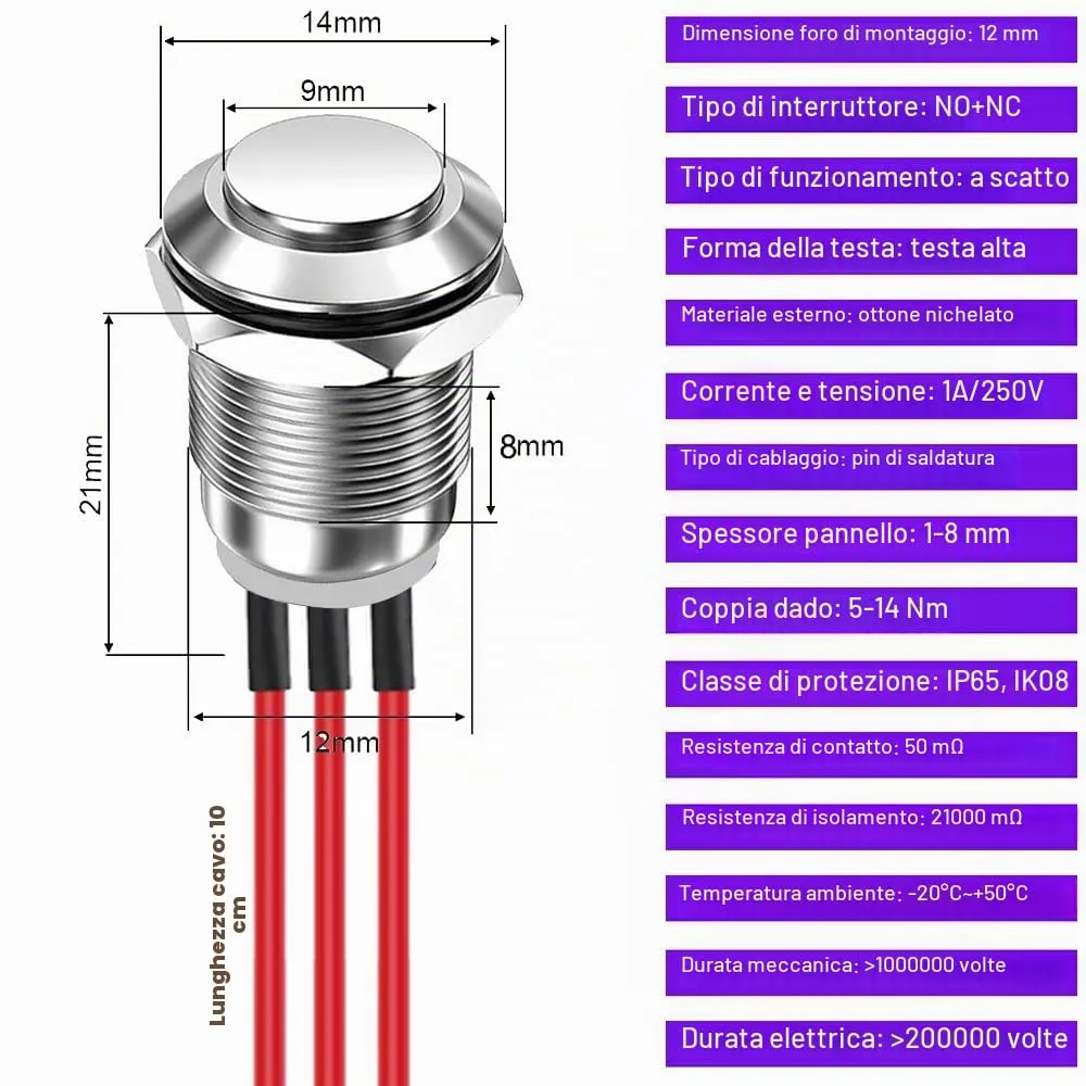 Gebildet Pulsante a Scatto in Metallo Impermeabile 12mm, 3 pin NO/NC, 1A 12V/24V/125V/250V CA, 2 Pezzi - immagine 5