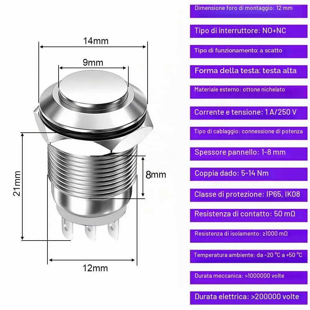 Gebildet 12mm Impermeabile Pulsante a Scatto in Metallo 3 pin NO/NC On Off 1A 12V/24V/125V/250V CA (3 Pezzi) - immagine 5