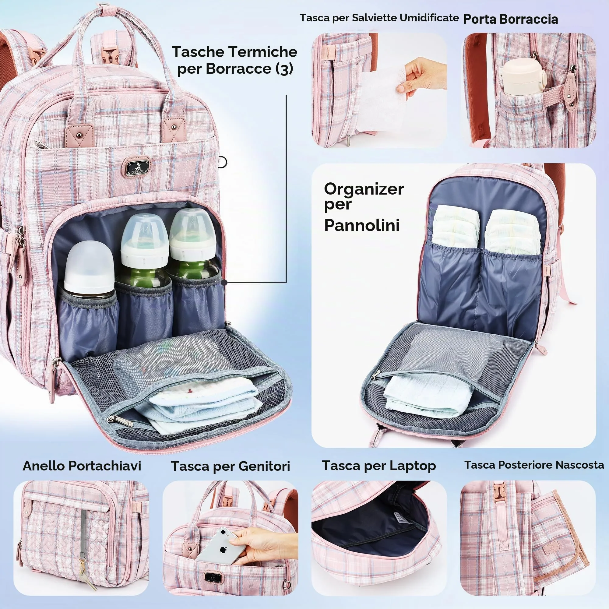 Dikaslon Zaino Fasciatoio Multifunzione con Fasciatoio Portatile e Porta Ciuccio, Strisce Rosa - immagine 3