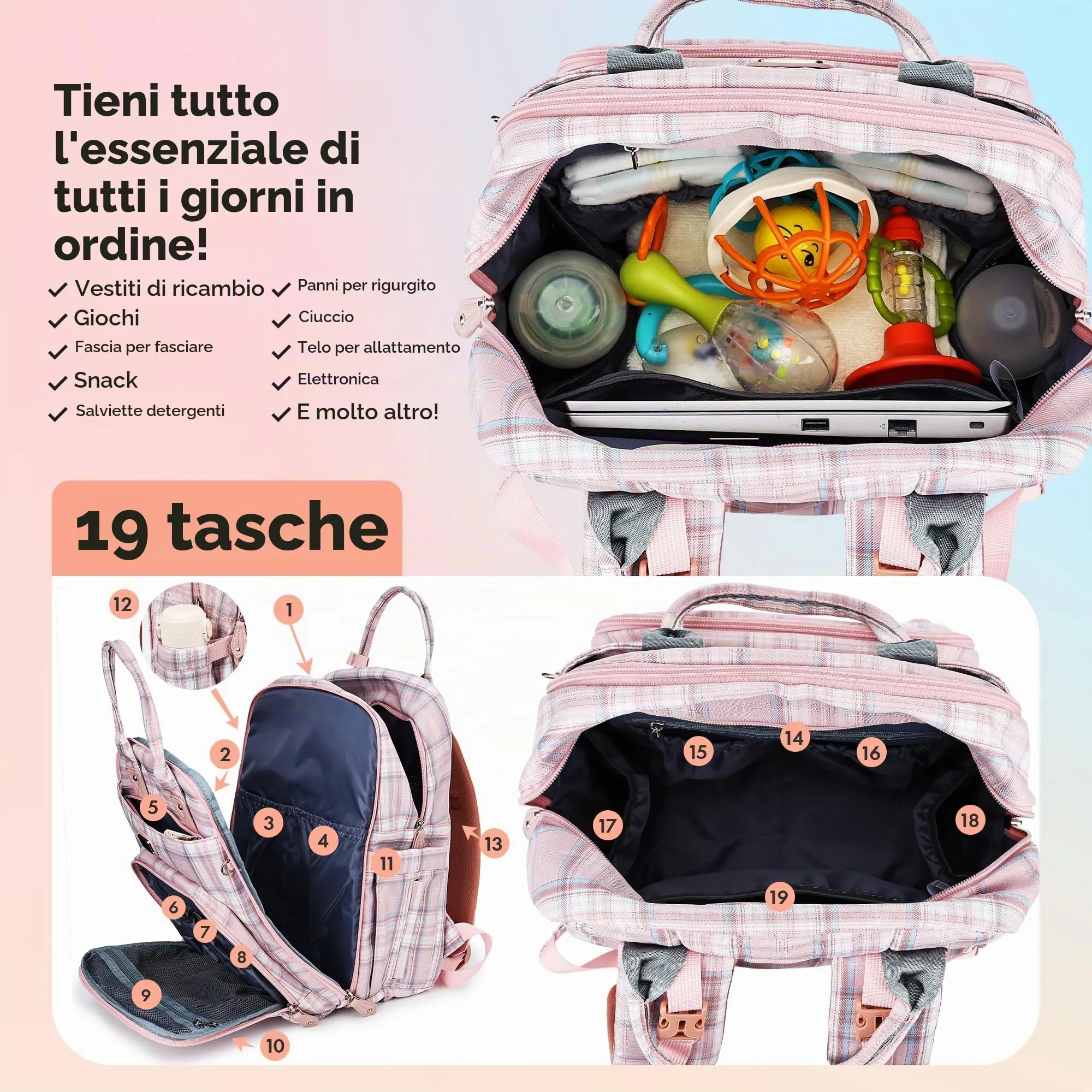 Dikaslon Zaino Fasciatoio Multifunzione con Fasciatoio Portatile e Porta Ciuccio, Strisce Rosa - immagine 4